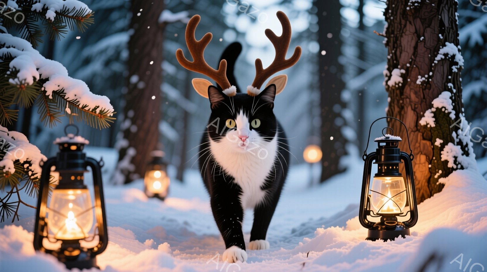 白と黒の猫が、小さな角のような装飾を頭に乗せて雪の中をまっすぐ歩いてきている。背景には雪に覆われた木々と、ぼんやりと光るランタンが並び、幻想的な雰囲気を醸し出している。全体的に暖色系の光が雪景色に溶け - AI生成フリー素材