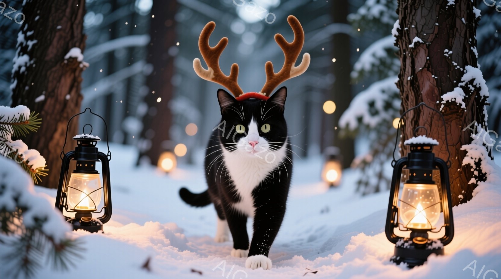 白と黒の猫が、頭にトナカイの角をつけて雪の中をまっすぐカメラに向かって歩いてくる。背景には雪に覆われた木々と、暖かく光るランタンが配置され、幻想的な冬の雰囲気を醸し出している。猫の緑色の瞳と白い胸元が印象的で、可愛らしいながらもどこか神秘的な表情を湛えている。