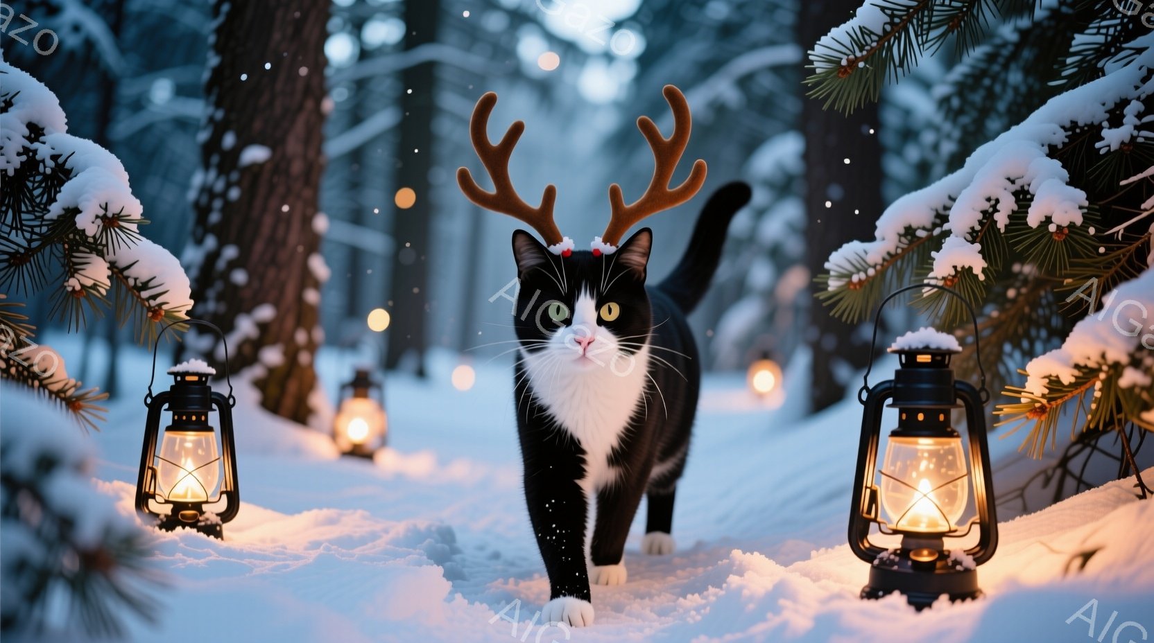 冬の夜景を描写するもので、中心には驚くかのような表情をした猫が散策している。その周りには、寒さを感じさせる雪が白く覆っており、街道上には照明用の屋外ランプが点在している。猫は長い尾を持ち、見事なポーズで歩き、寒さに強いその姿が際立って見える。背景には雪に覆われた樹木や屋根があり、このようなシーンを想像すると、冬の旅行者や住民の心地よい夜の光景を感じる。