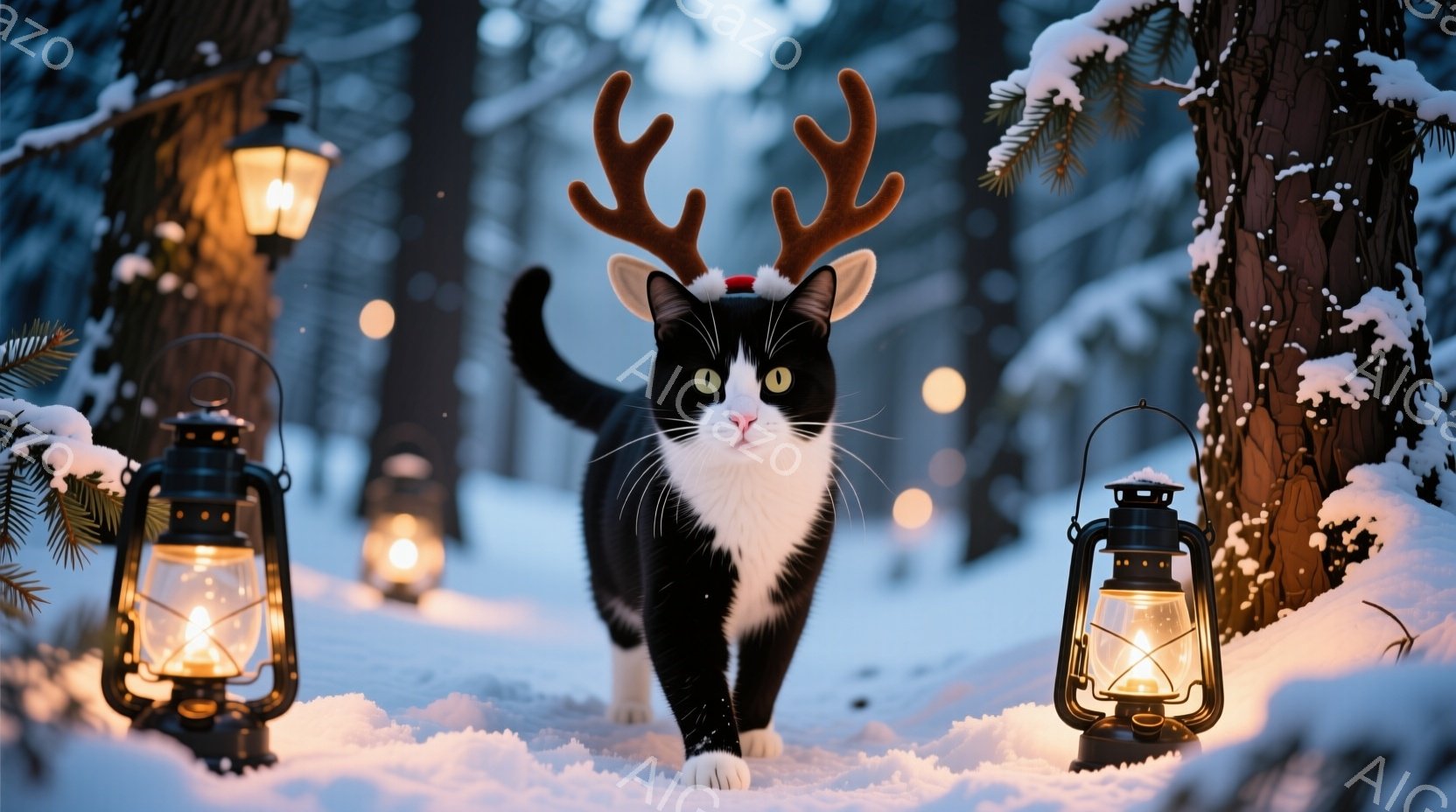 白黒の猫が、クリスマスのトナカイの角を付けて雪の中をまっすぐ歩いてくる姿が描かれています。背景には雪に覆われた木々と、暖かく光るランタンが点在し、冬の幻想的な雰囲気を醸し出しています。猫の表情は穏やか - AI生成フリー素材