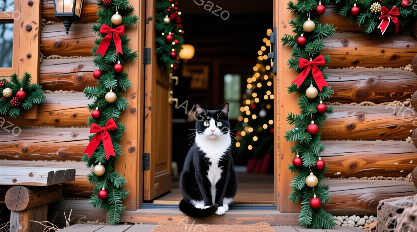 白と黒の猫が、クリスマスの飾り付けがされた木のドアの入り口に座っています。ドアの周りは緑のガーランドと赤いオーナメントで飾られ、奥にはぼんやりと光るクリスマスツリーが見えます。猫は正面を見ており、落ち - AI生成フリー素材