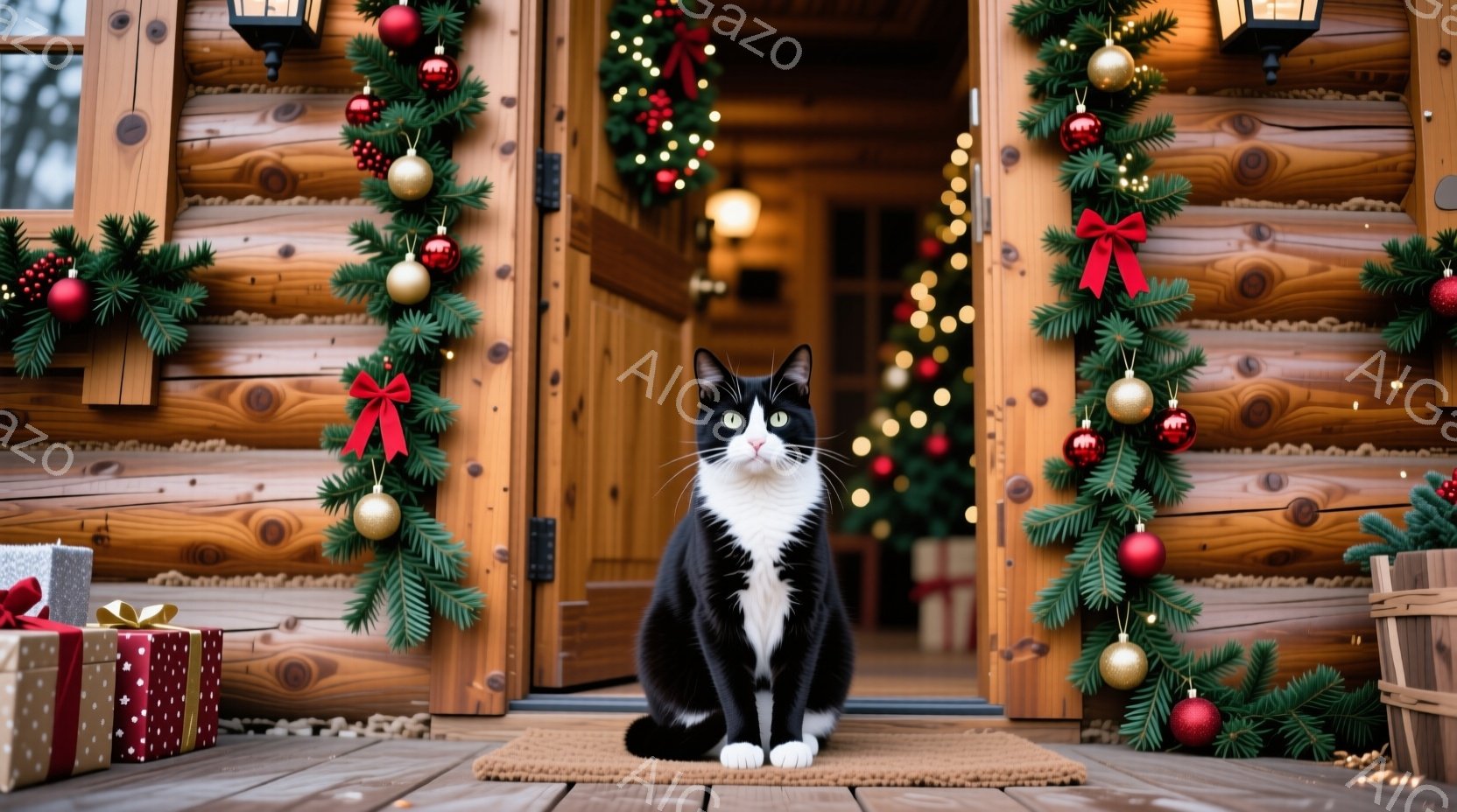 白と黒の猫が、クリスマスの飾り付けがされた家の玄関で座っています。背景には、緑のガーランド、赤いオーナメント、そして贈り物が見え、温かくお祝いムードに包まれています。木製の家の外観とクリスマスの装飾が、冬の暖かな雰囲気を強調しています。