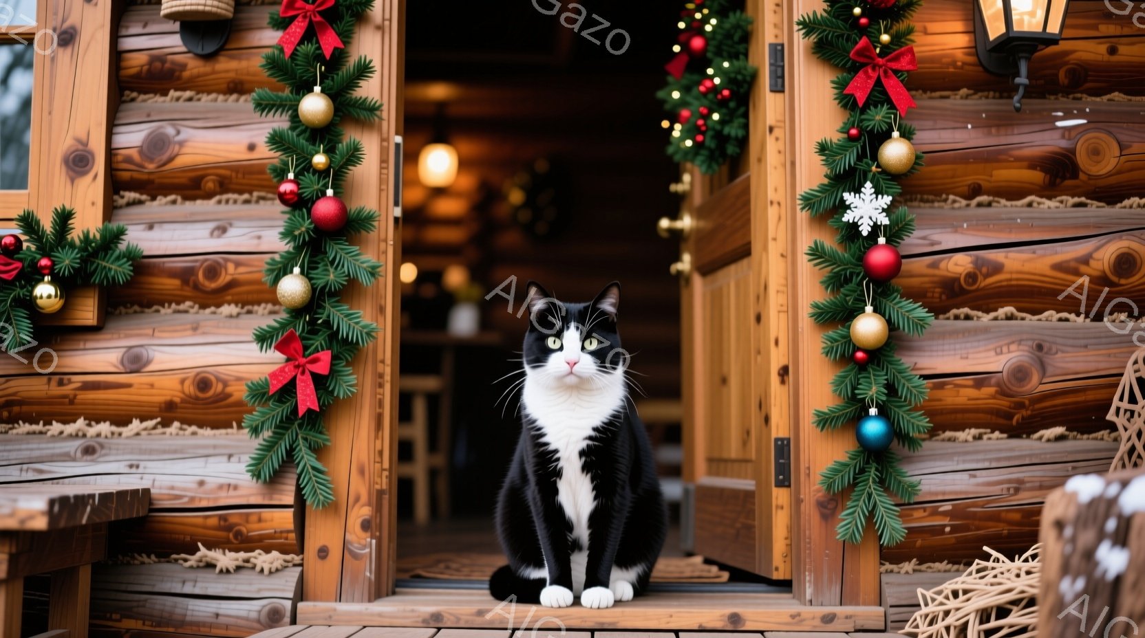 白黒の猫が、クリスマスの飾り付けがされた木のドアの前に座っています。ドアには赤いリボンとオーナメントで飾られた緑のガーランドが飾られており、背景はログハウスの壁で、暖かく穏やかな雰囲気です。猫は正面を - AI生成フリー素材