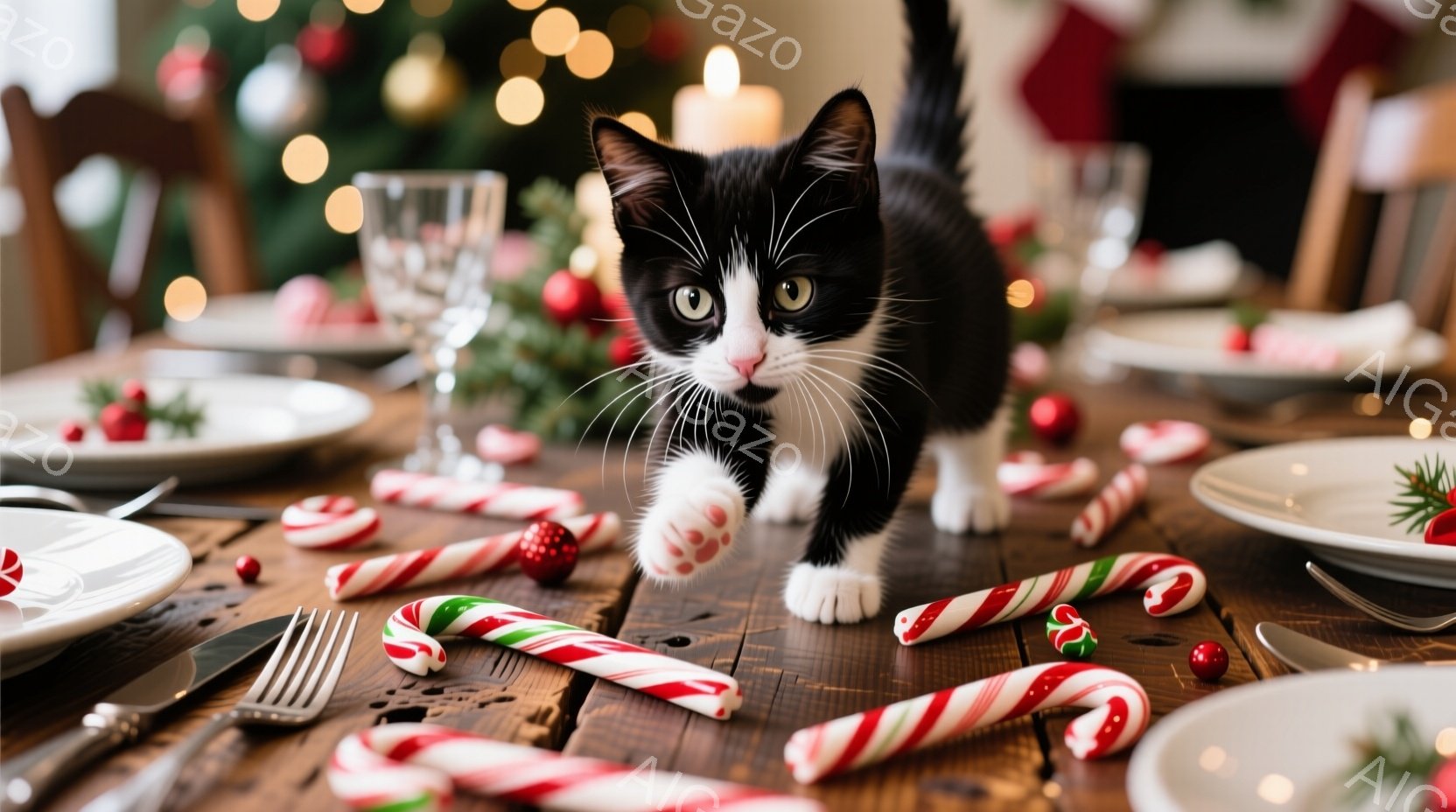 茶白の小さな子猫が、クリスマスの飾り付けがされたテーブルの上を歩いています。テーブルにはキャンディケーンや赤い実などの装飾が散らばっており、背景にはぼやけたクリスマスツリーの光が見えます。暖かく、お祝 - AI生成フリー素材