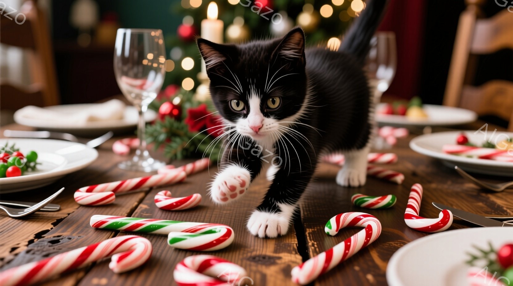 白黒の小さな子猫が、クリスマスの飾り付けがされた食卓の上を歩いている様子が写っている。テーブルにはキャンディケーンや、何かの料理が盛り付けられたお皿が散らばっており、背景にはぼやけたクリスマスツリーが - AI生成フリー素材
