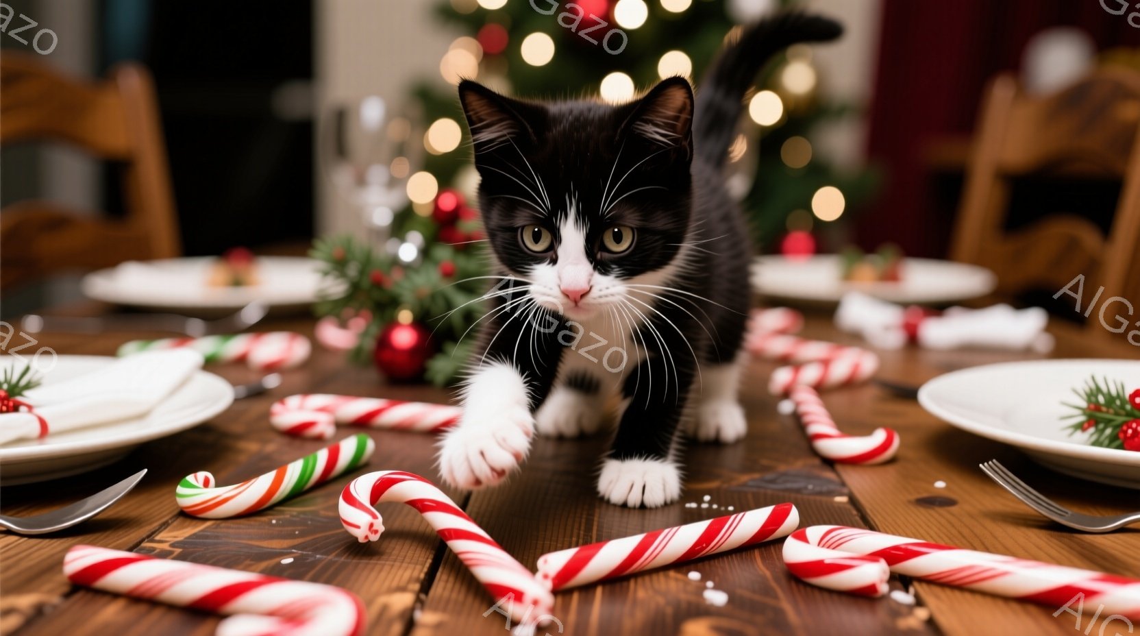 白と黒の縞模様の小さな子猫が、クリスマスの装飾が施された食卓の上を歩いています。テーブルにはキャンディケーンが散らばっており、背景にはぼやけたクリスマスツリーが見えます。暖かく、遊び心のある雰囲気で、 - AI生成フリー素材