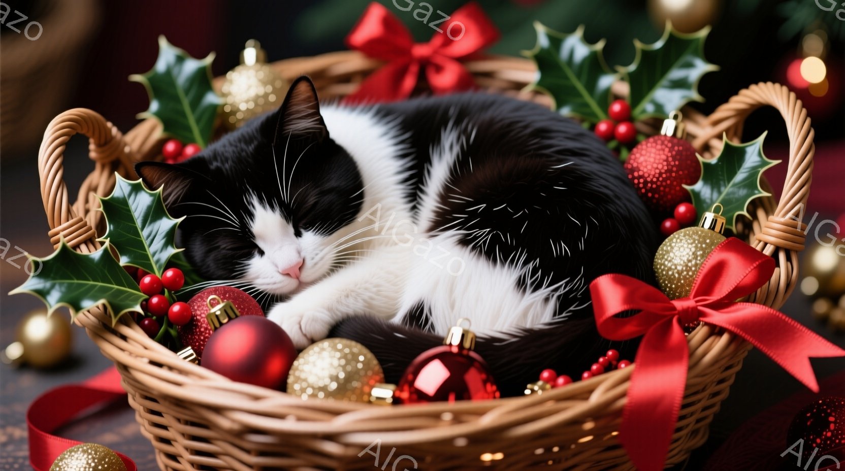 白と黒の猫が、クリスマスオーナメントや赤いリボンで飾られた編み込みのバスケットの中で丸まって眠っています。背景にはぼやけたクリスマスツリーの光があり、全体的に温かく、穏やかな祝祭の雰囲気を醸し出しています。猫の表情は安らかで、リラックスした様子が伝わってきます。