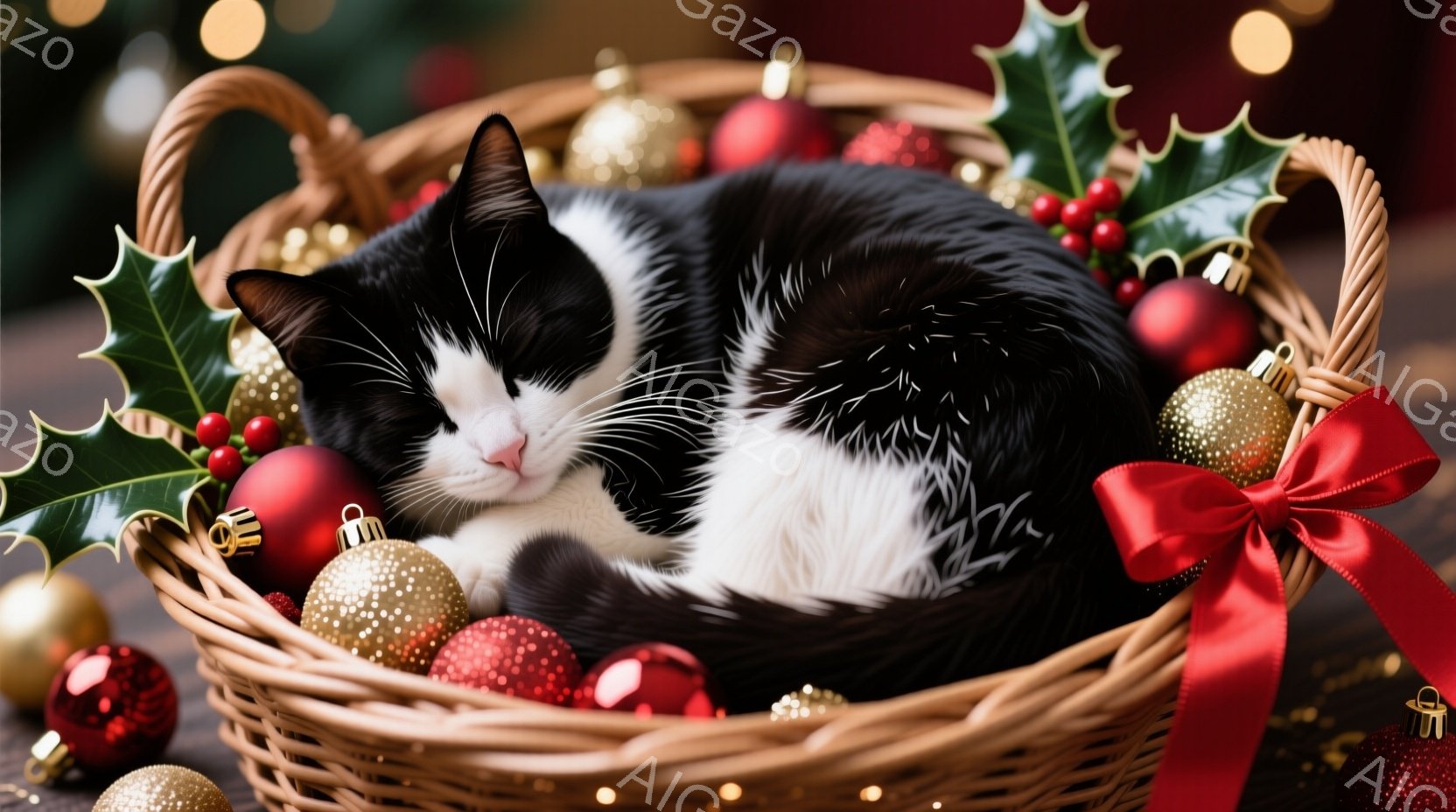 クリスマステーマを持った映像です。中心には閉じた目を持ち、鈴のついた網状の冠を持つ黒と白の長毛の猫が入ります。その上に、シルバーボウリングとクリスマスガーランドである金色と赤色の玉が配置されています。背景は不明で、全体的な印象は休息や温かさを与えるように作られています。