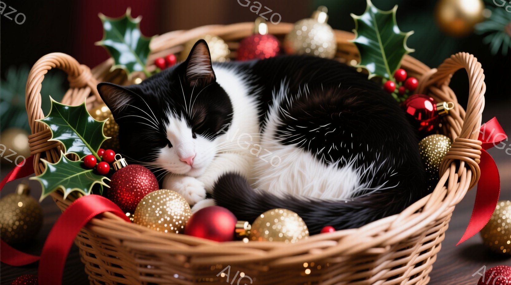 白と黒の猫が、赤いリボンやクリスマスオーナメントで飾られた籐の籠の中で丸まって眠っています。背景には、ぼやけたクリスマスツリーと装飾が見え、温かく穏やかな雰囲気が漂っています。猫はリラックスした様子で、クリスマスの準備が進む中で安らかなひとときを過ごしているようです。