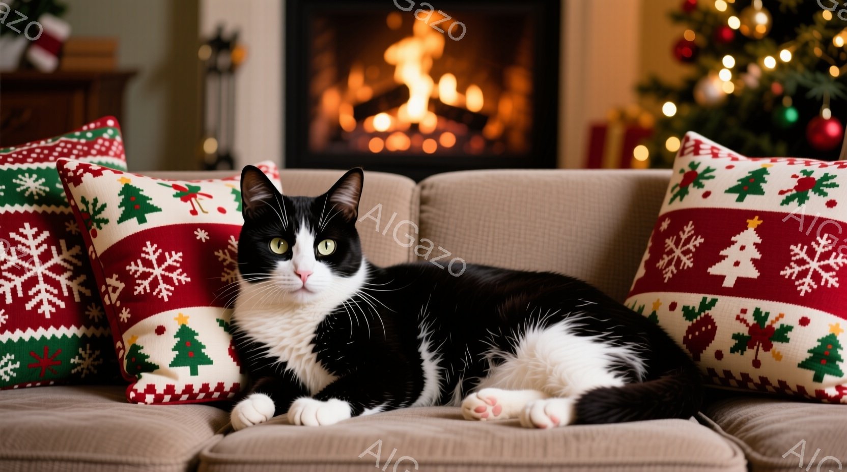 白と黒の猫が、クリスマス柄のクッションに挟まれてソファでくつろいでいます。猫はリラックスした表情で、少しこちらを見ています。背景には暖炉の火と、ぼんやりと見えるクリスマスツリーがあり、温かく、居心地の - AI生成フリー素材