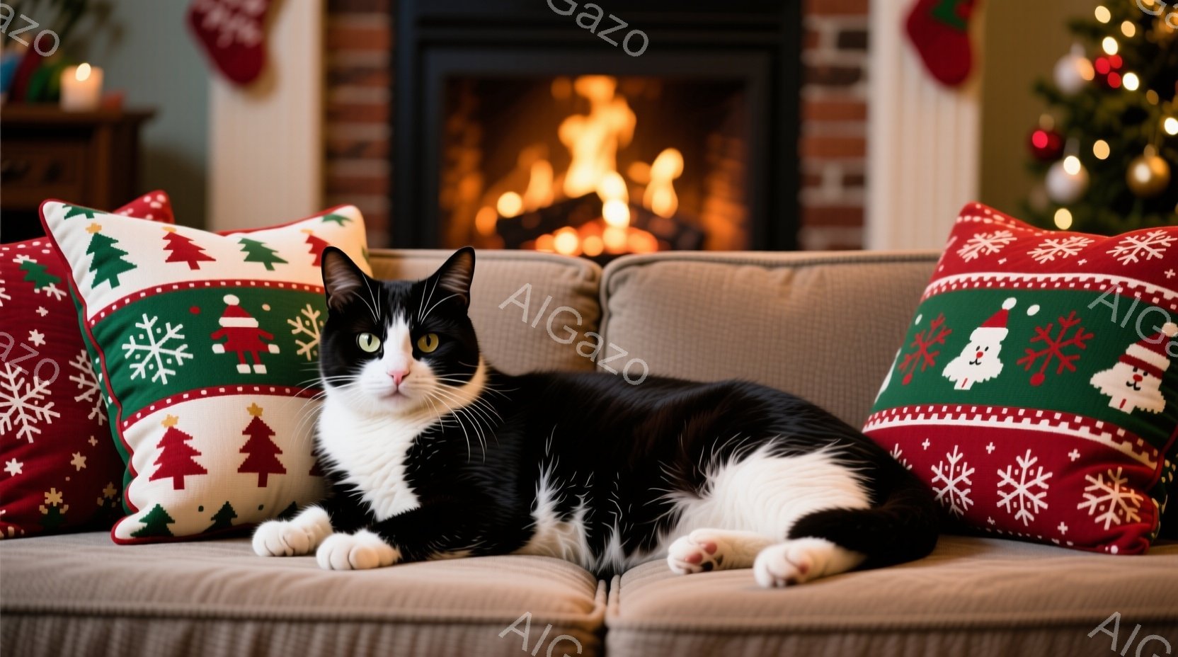 白と黒の猫が、クリスマス柄のクッションに囲まれた茶色のソファに横たわっています。猫はリラックスした様子で、少しカメラ目線でこちらを見ており、その表情は穏やかです。背景には暖炉の炎と、クリスマスツリーの - AI生成フリー素材