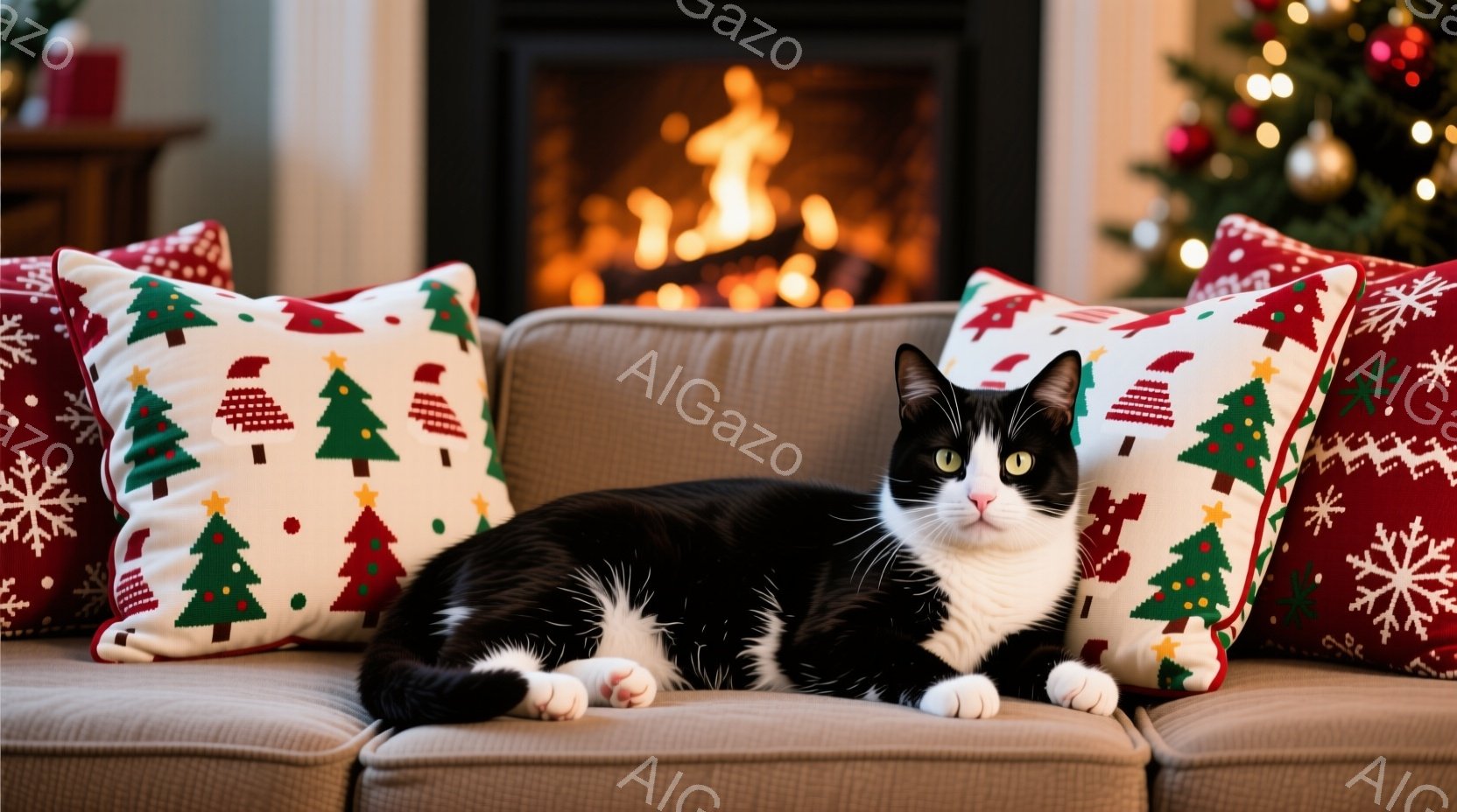 白と黒の猫が茶色のソファに横たわっており、クリスマス柄のクッションに囲まれています。猫はリラックスした表情で、正面を見てカメラの方を見ています。背景には暖炉があり、炎が燃え、クリスマスツリーが飾られて - AI生成フリー素材