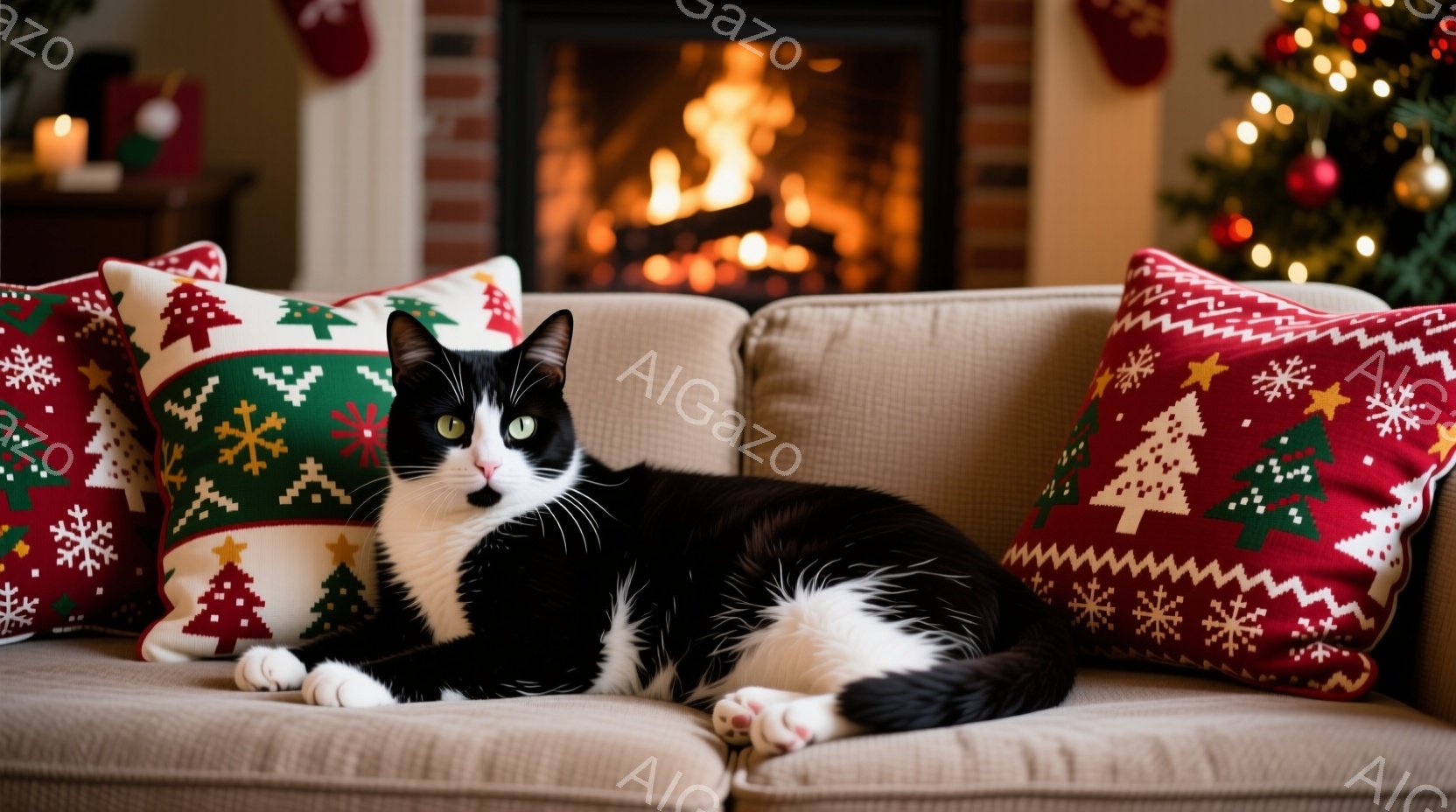 白と黒の猫が、クリスマスの柄のクッションに囲まれたソファでリラックスして横たわっています。暖炉の火が背景にあり、温かく居心地の良い雰囲気を醸し出しています。クリスマスツリーの光がちらちらと輝き、ホリデーシーズンらしい温かい光が猫を照らしています。