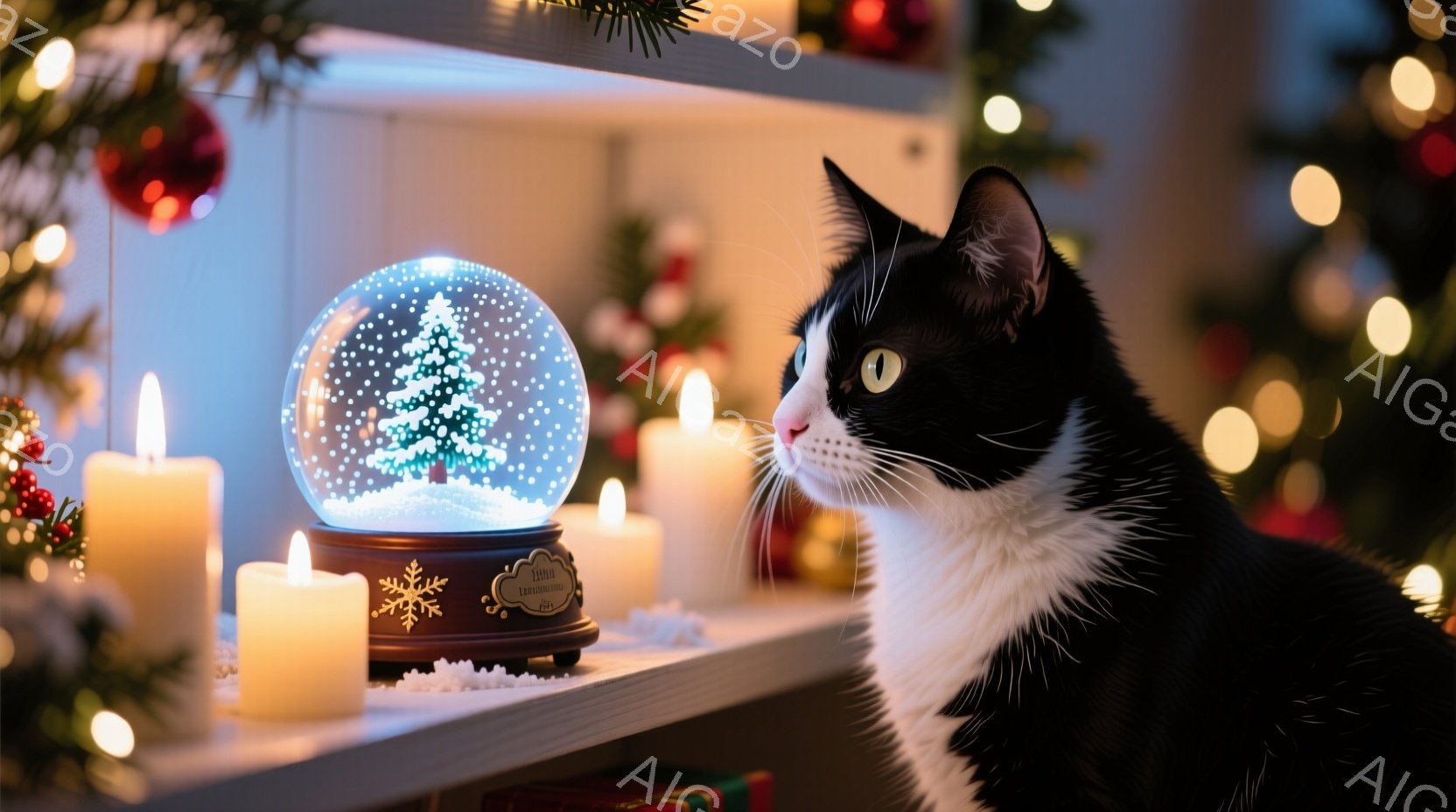 白と黒の猫が、雪の結晶が散りばめられたクリスマスのオーナメントの横に座り、何かを見つめています。背景には、点灯したクリスマスツリーと白いキャンドルが並び、薄い雪が積もった棚の上に置かれています。全体的 - AI生成フリー素材