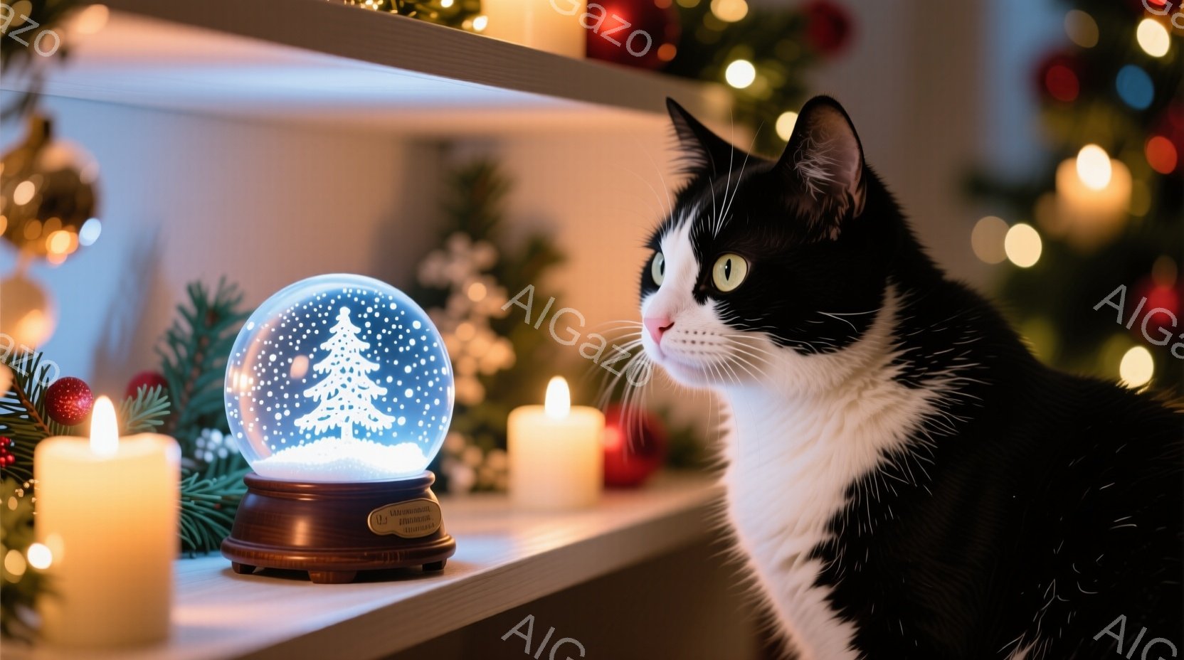 白と黒の猫が雪の結晶が舞う雪景色が入ったグラスボールをじっと見つめている。背景には、ぼんやりとしたクリスマスツリーの光と、温かい光を放つキャンドルが並び、クリスマスの雰囲気を醸し出している。猫の瞳は興味津々で、穏やかで静かなクリスマスの夜を表している。