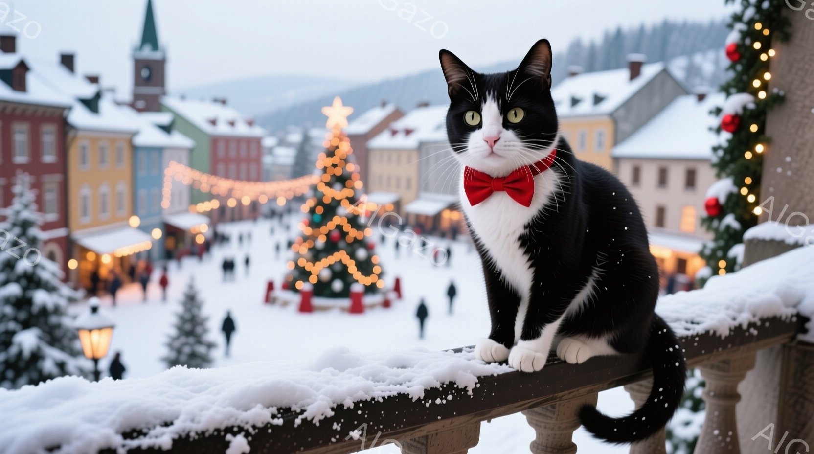 白と黒の猫が、赤い蝶ネクタイをつけ、雪に覆われた欄干の上に座っている。背景には、クリスマスツリーが飾られた賑やかな広場と、カラフルな建物が連なる街並みが見え、雪が舞っている。猫は前方をまっすぐ見つめ、 - AI生成フリー素材