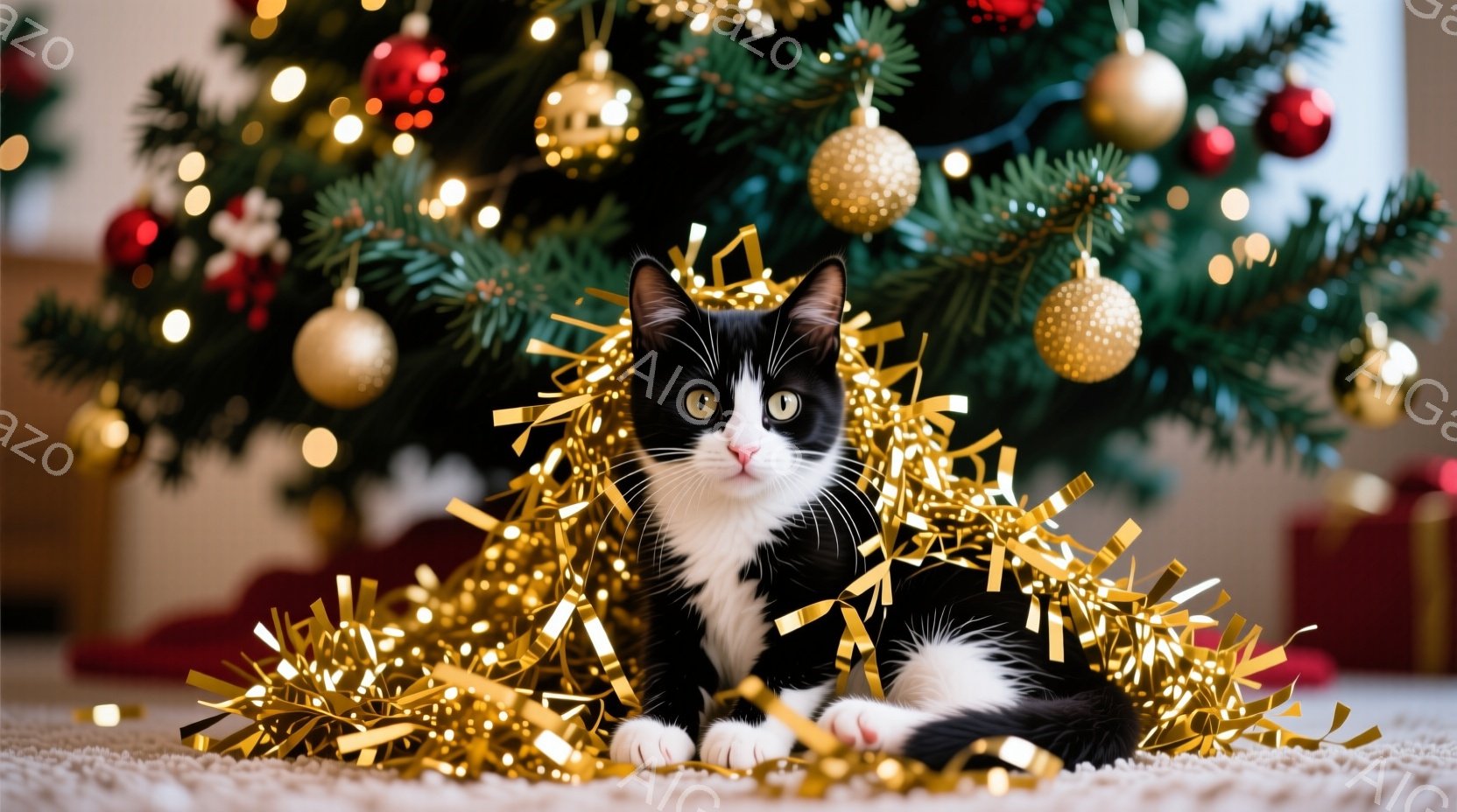 白と黒の猫が、きらきらと輝く金色のガーランドに囲まれて座っています。猫は前足を揃えており、丸い目とピンクの鼻で、好奇心と遊び心に満ちた表情をしています。背景には、オーナメントで飾られたクリスマスツリー - AI生成フリー素材