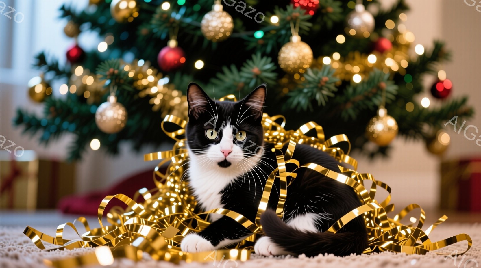白と黒の猫が、金色のリボンに囲まれてカーペットの上に横たわっています。背景には、飾り付けられたクリスマスツリーがあり、プレゼントボックスがいくつか見えます。暖かく、お祝いの雰囲気が漂う、心地よい光景で - AI生成フリー素材