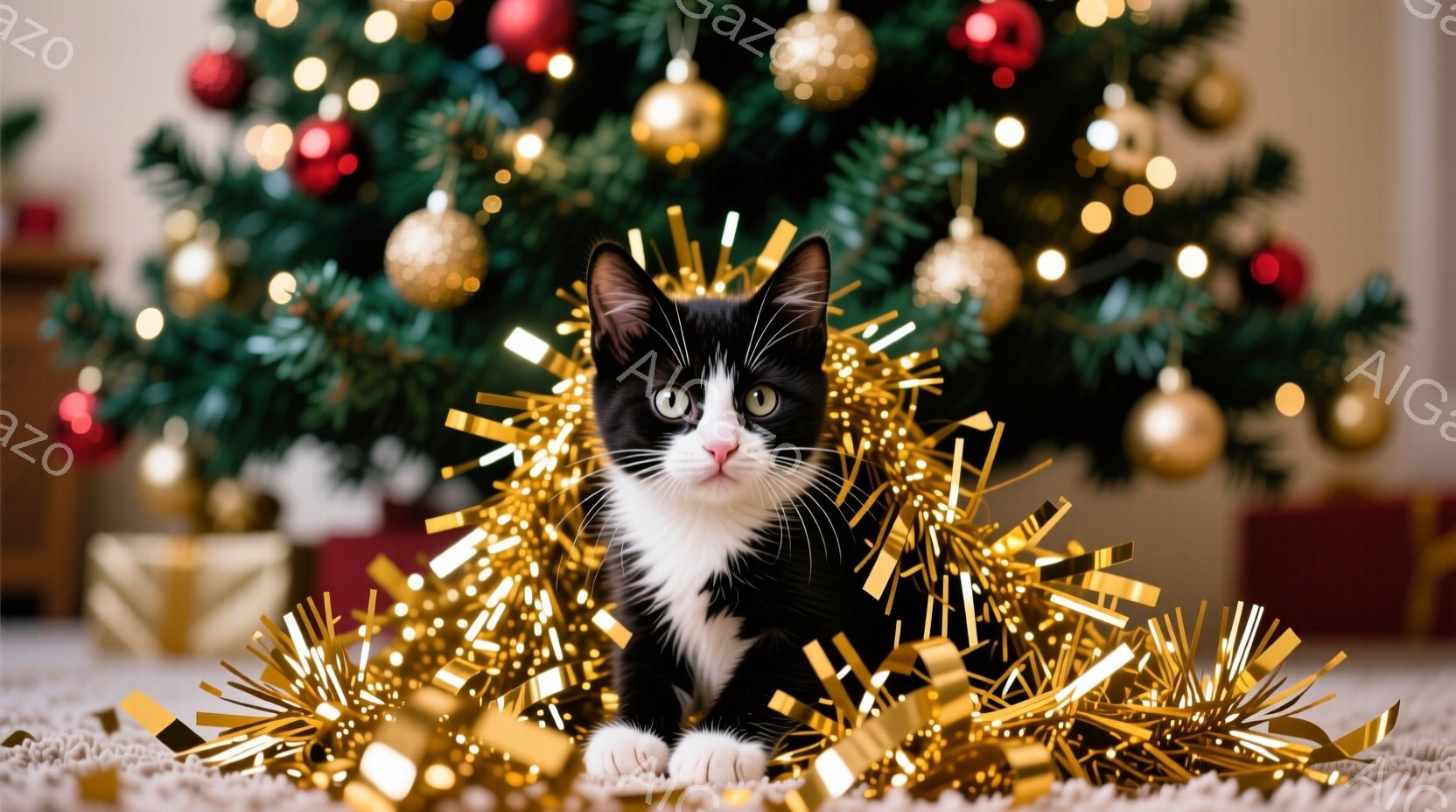 白と黒の模様の小さな子猫が、金色のクリスマスガーランドの中に横たわっています。子猫は正面を見ており、好奇心と遊び心に満ちた表情をしています。背景には、装飾されたクリスマスツリーとプレゼントボックスがあり、暖かくお祝いムードに満ちた雰囲気です。