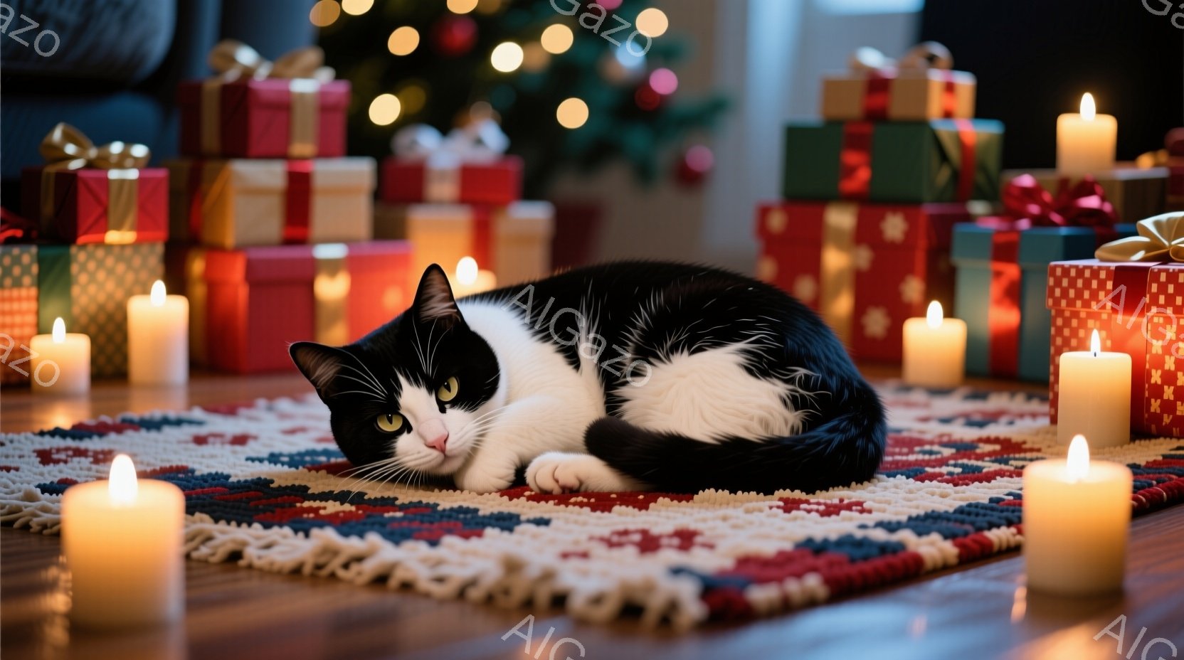 白と黒の猫が、赤、青、白のストライプの敷物の上で横たわっています。背景には、プレゼントの山と、ぼやけたクリスマスツリーの明かりが見え、暖かく穏やかな雰囲気を醸し出しています。周囲には点灯したキャンドル - AI生成フリー素材