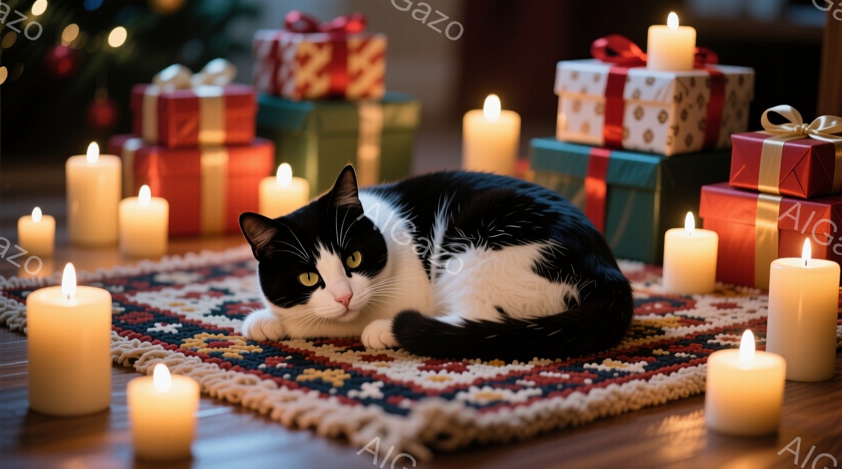 白と黒の猫がカラフルな敷物の上で横たわっており、穏やかな表情でこちらを見ている。周囲には数本の火のついたキャンドルが配置され、背景にはプレゼントボックスが積み重ねられている様子が見える。全体的に暖かく - AI生成フリー素材