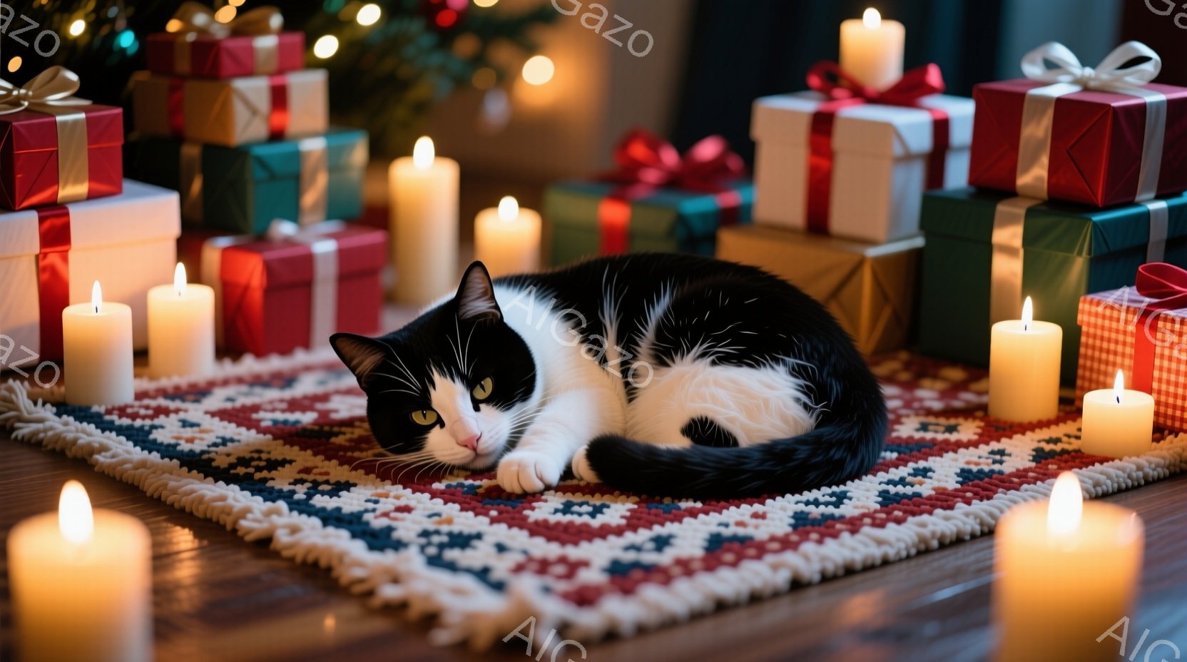 白と黒の猫が赤い模様の絨毯の上で丸まって横たわっています。周囲にはクリスマスプレゼントのようなラッピングされた箱と、点灯したキャンドルが置かれ、温かく幻想的な雰囲気を醸し出しています。キャンドルの光が猫の白い毛並みを照らし、リラックスした様子が伺えます。