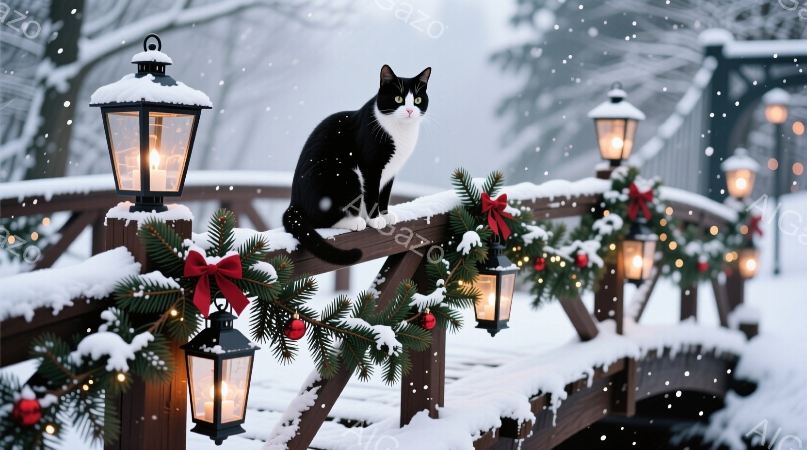 白と黒の猫が雪で覆われた木製の橋の欄干に座っており、正面を見つめている。橋はクリスマスツリーの枝と赤いリボン、そして点灯したランタンで飾られており、背景は雪景色で覆われている。全体的に、静かで温かく、 - AI生成フリー素材