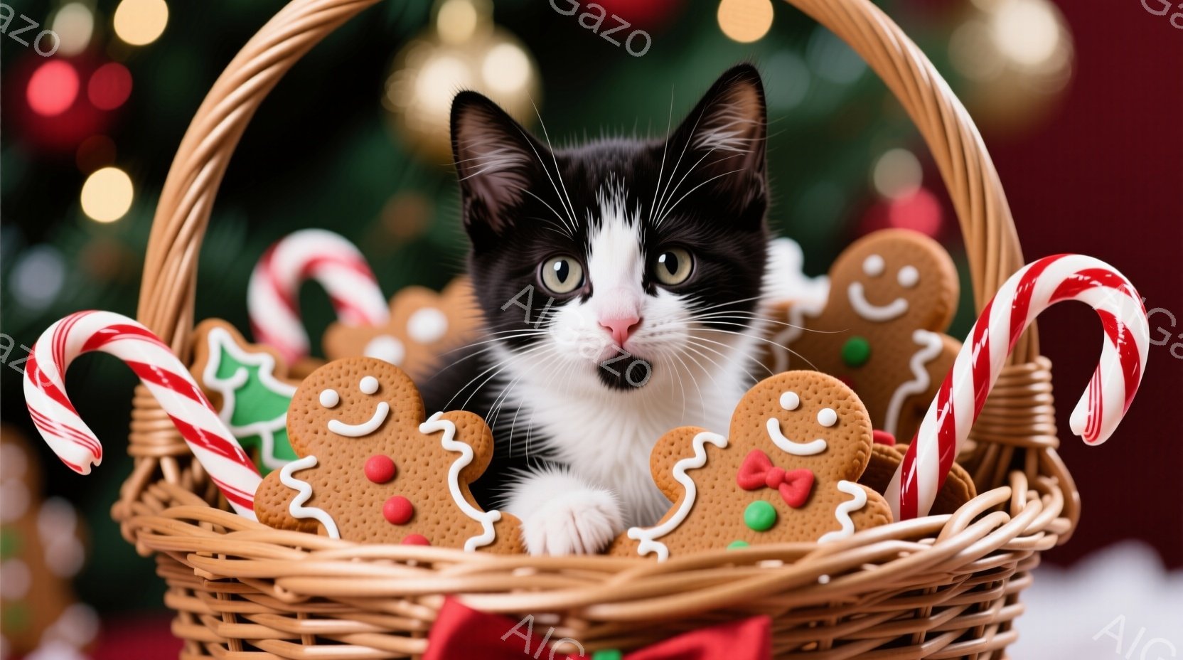 白と黒の猫が、クリスマスの飾りが入った籐の籠の中に座っています。猫は正面を見つめ、少し驚いたような表情をしています。背景にはぼやけたクリスマスツリーのライトが見え、全体的に暖かく、お祝いの雰囲気です。 - AI生成フリー素材