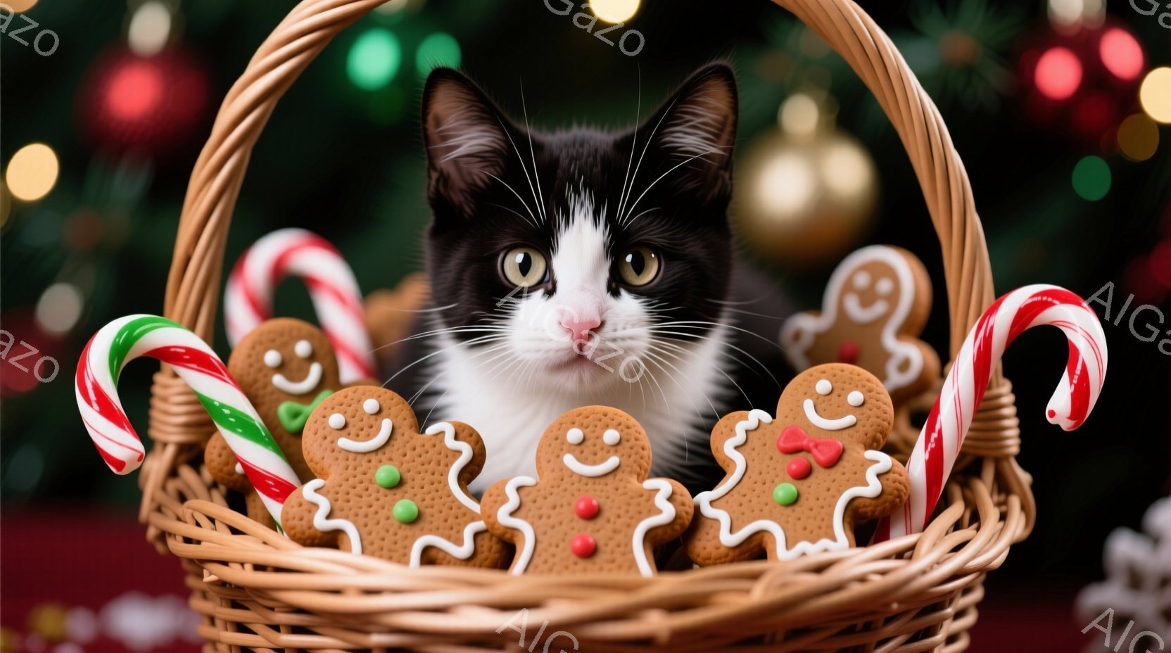 白と黒の毛並みを持つ子猫が、クリスマスらしい籐編みのカゴの中に座っています。カゴの中には、赤と白のストライプのキャンディケーンと、アイシングで装飾されたジンジャーブレッドマンが周りを囲み、子猫は前方をじっと見つめています。背景はぼやけたクリスマスツリーの光で、温かくお祝いムードに満ちています。