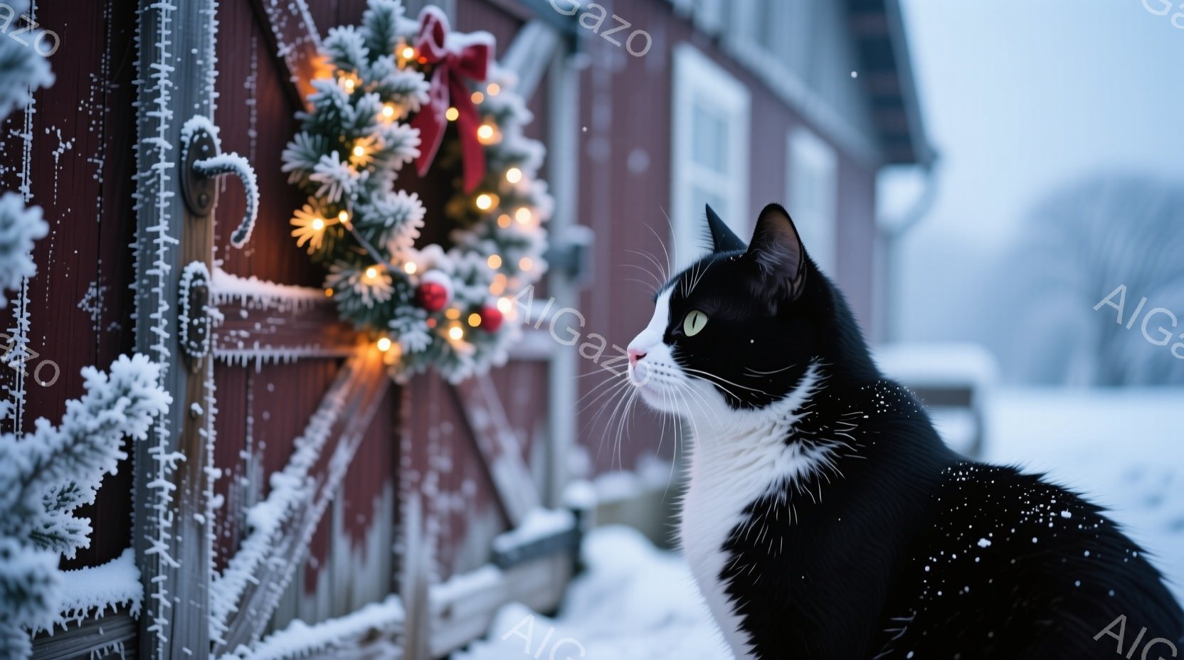 白と黒の猫が、雪で覆われた赤い木の壁の前に立っている。背景には、クリスマスリースが飾られており、雪が舞い散る冬の景色が広がっている。猫は少し上を見上げ、冬の静寂と暖かさを感じさせる穏やかな雰囲気である - AI生成フリー素材