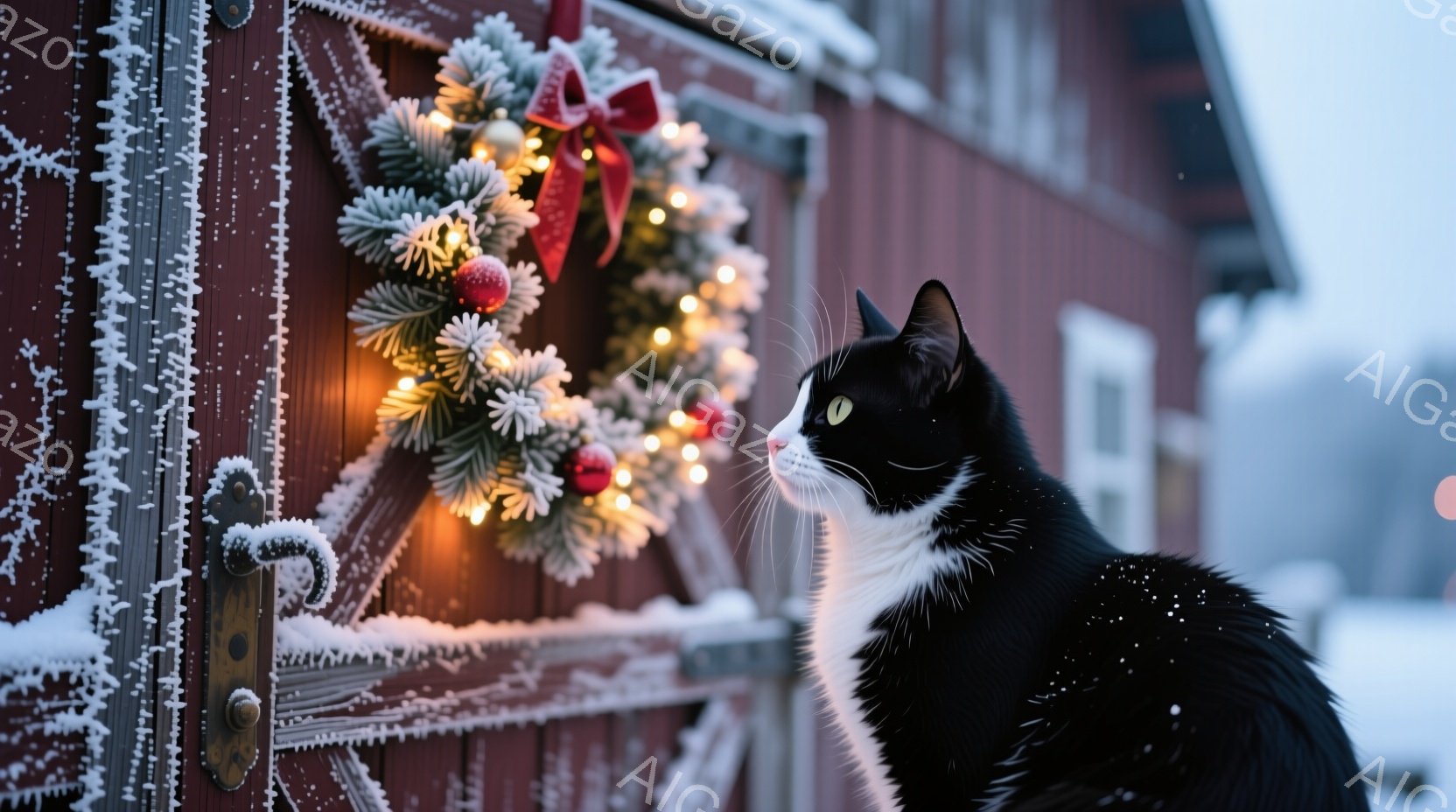 白と黒の猫が赤い木製のドアの横に座り、クリスマスリースを見上げています。ドアは雪で覆われており、背景にはぼやけた雪景色が広がっています。温かい光がリースからこぼれ、冬の静かで心温まる雰囲気を醸し出しています。