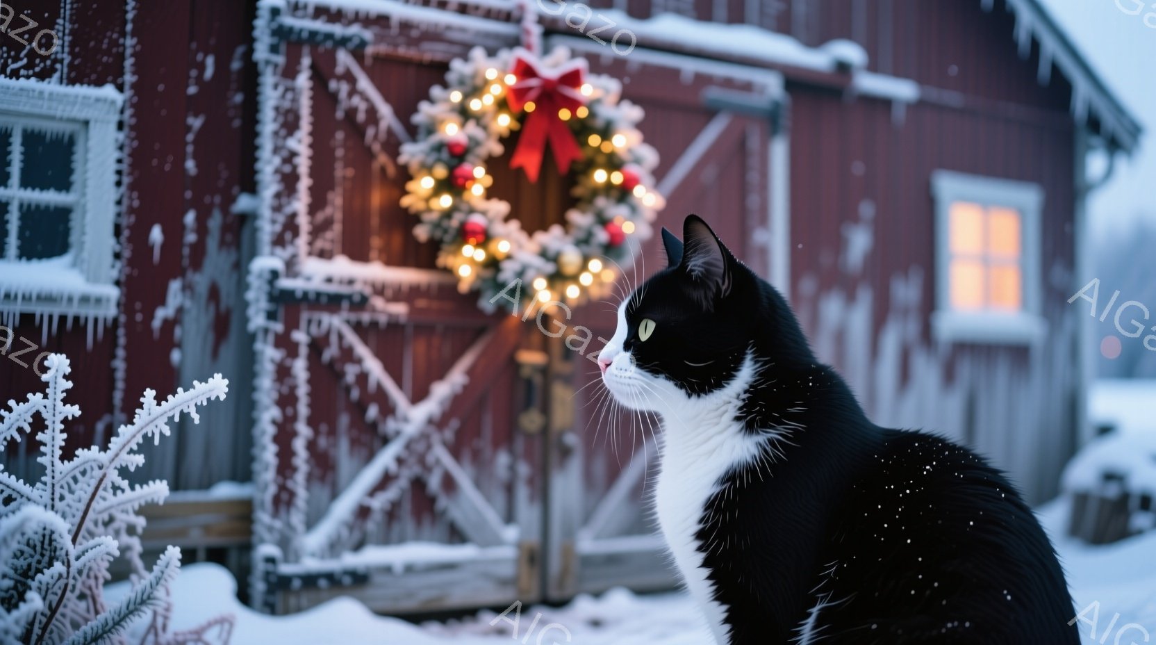 白と黒の猫が雪景色の中で、正面をじっと見つめています。背景には、装飾されたクリスマスリースが飾られた赤い木造の建物があり、雪で覆われた冬の風景が広がっています。暖色の光が建物から漏れており、静かで穏や - AI生成フリー素材
