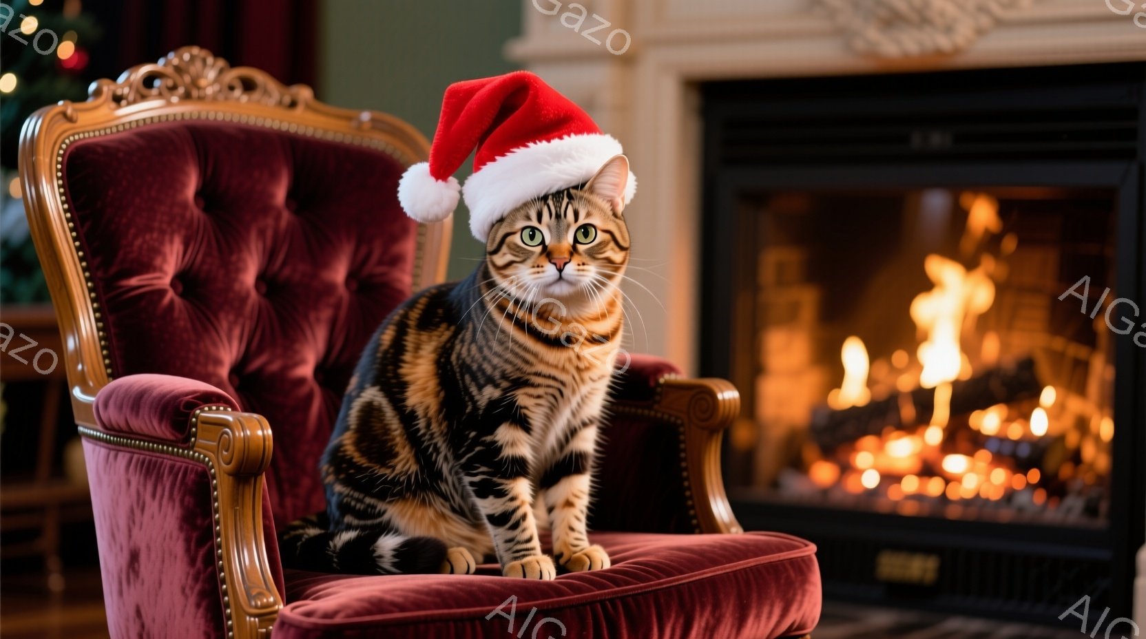 茶色のしま模様の猫が、深い赤色のベルベットの肘掛け椅子に座っており、頭には赤いサンタの帽子をかぶっています。猫は前方をまっすぐ見つめ、わずかに微笑んでいるように見え、リラックスした様子です。背景には暖 - AI生成フリー素材