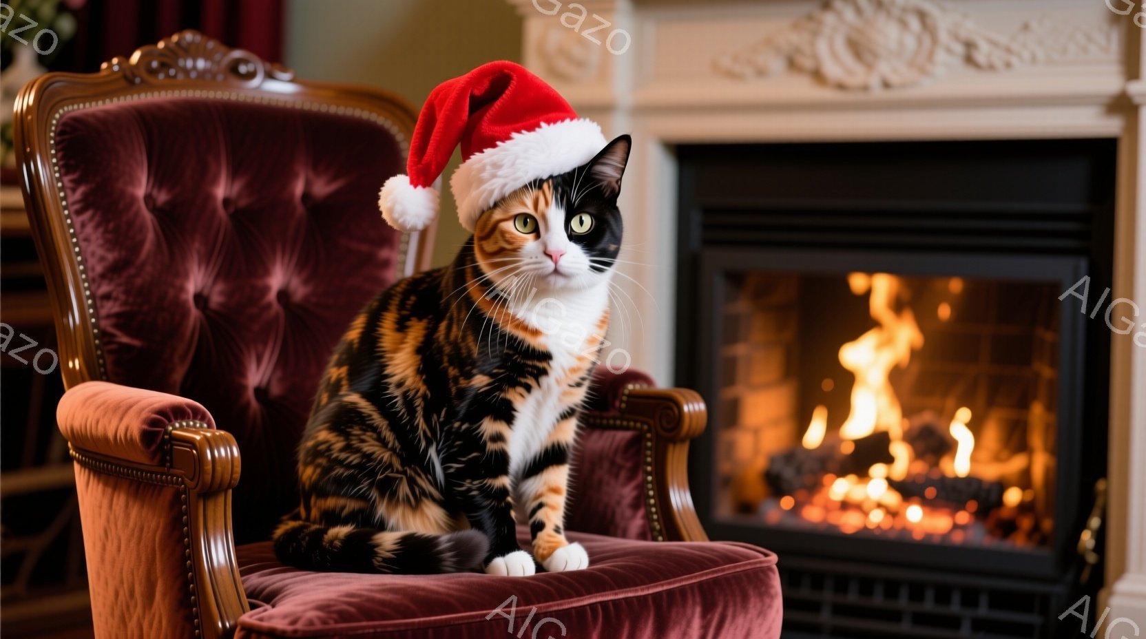白、黒、オレンジ色のまだら模様の猫が、深い赤色のベルベット調の肘掛け椅子に座っています。頭には、白い毛皮の縁取りが付いた赤いサンタ帽をかぶっており、落ち着いた表情で正面を見つめています。背景には暖炉が - AI生成フリー素材