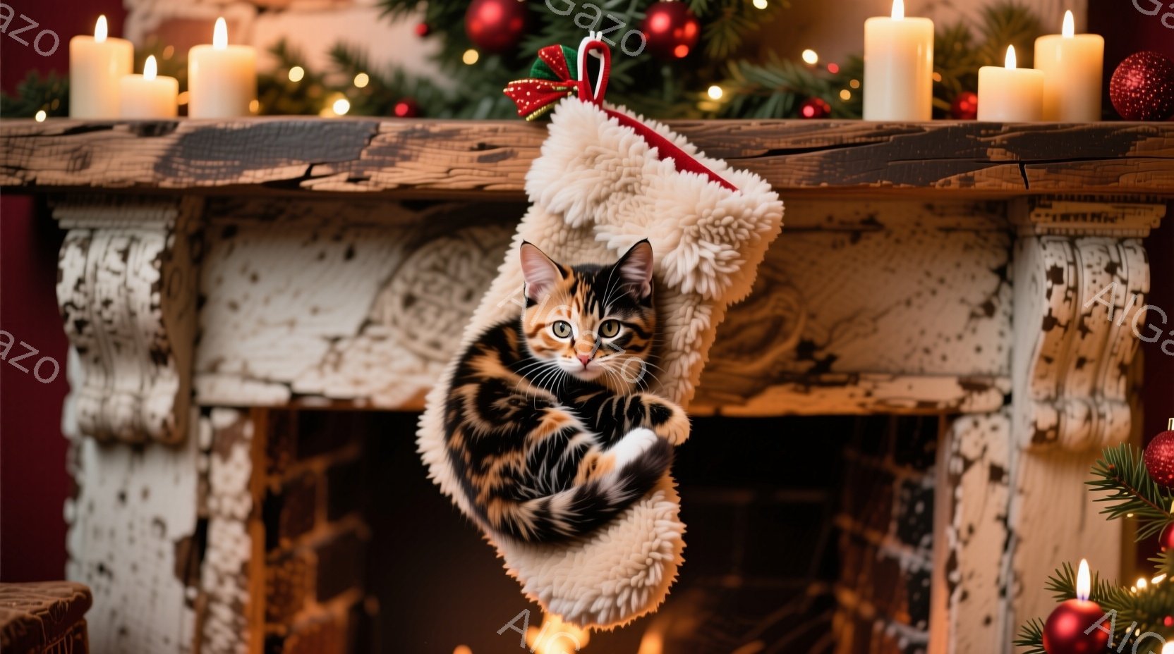 暖炉の棚に飾られたクリスマスストッキングの中に、三毛猫が丸まって座っています。猫は好奇心旺盛な表情でこちらを見ており、ふわふわのストッキングと猫の毛並みが暖かな雰囲気を醸し出しています。背景には、クリ - AI生成フリー素材