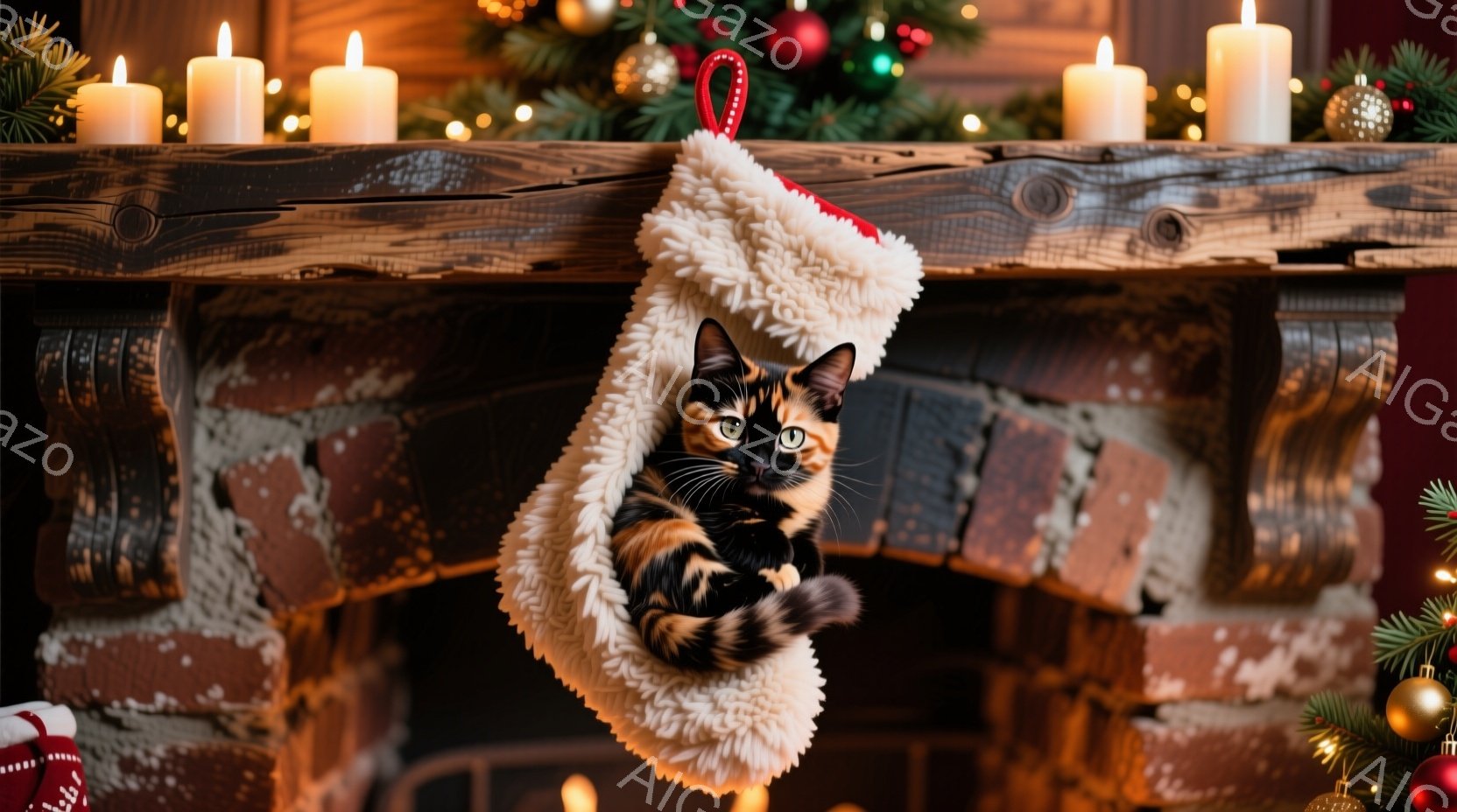 白いクリスマスストッキングの中に、三毛猫が丸まって座っています。背景には、暖炉とクリスマスツリー、そして点灯されたキャンドルが並び、温かく心地よい雰囲気が漂っています。猫はリラックスした表情で、クリス - AI生成フリー素材
