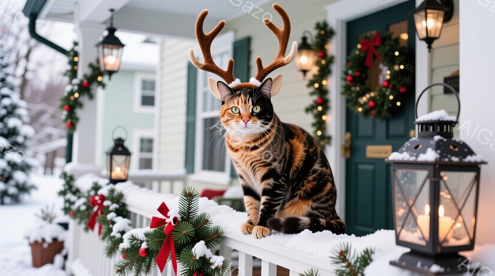 白い手すりに座った縞模様の猫が、角の飾りを付けてこちらを見ている。背景には、クリスマスリースや飾り付けられた建物、雪景色が広がり、暖かく穏やかな冬の雰囲気を醸し出している。雪が積もった手すりと暖色の灯りが、猫の姿をより一層引き立てている。