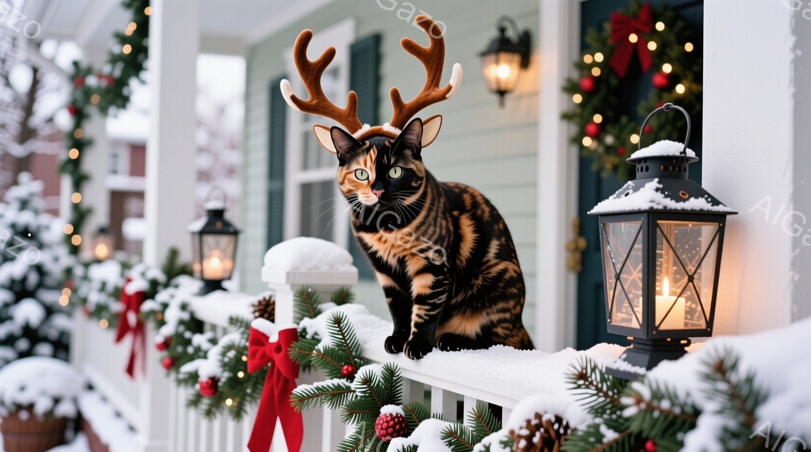 白い手すりに、角のような飾りをつけた茶色と黒の縞模様の猫が座っています。背景には、クリスマスリースやイルミネーションで飾られた雪景色が見え、暖かい光が灯っています。全体的に、冬のホリデーシーズンを象徴する、遊び心のある可愛らしい雰囲気です。
