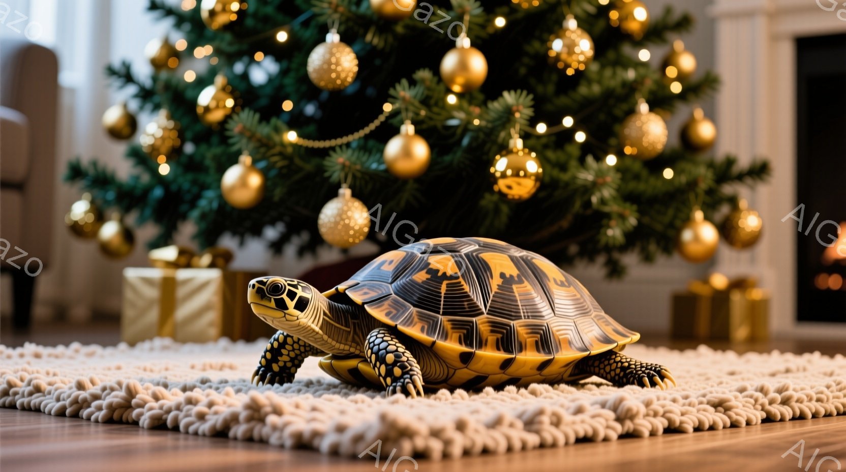 鮮やかな模様の大きな亀が、ふわふわした白いラグの上に歩いているように見える。背景には、金色のオーナメントで飾られたクリスマスツリーとプレゼント箱が置かれており、暖炉の光が柔らかく照らしている。全体的に、温かく、お祝いムードにあふれた、魅力的な光景である。