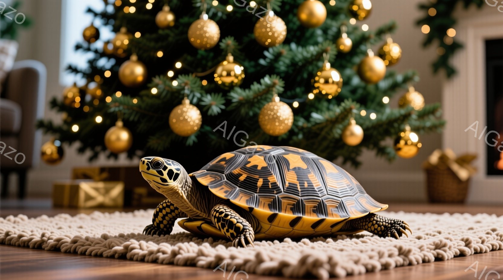 「この、靴形の模型が使われており、その中のカメラが目を回し、亜麻色と黄緑色の斑模様であることが明らかです。背景にはクリスマスツリーが表れており、冬的な雰囲気が印象的です。全体の雰囲気は、温かみと落ち着きがあるクリスマスのようなものです。」