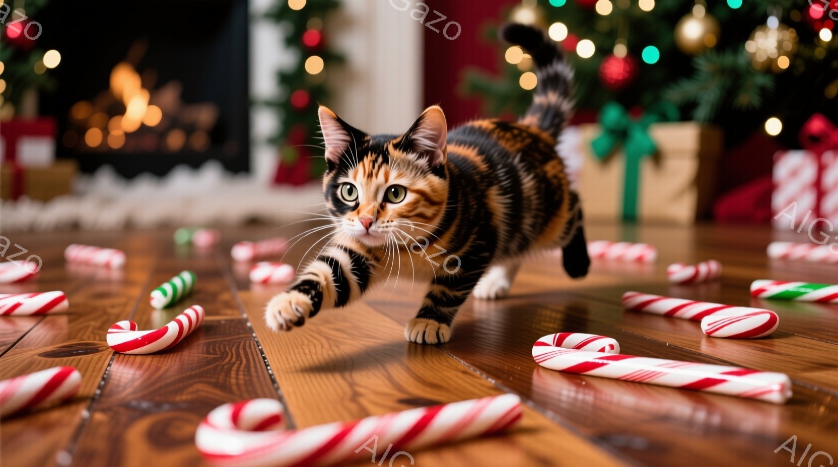 茶色と黒の縞模様の猫が、クリスマスのキャンディケーンが散らばる木の床の上を駆け抜けています。背景には、飾られたクリスマスツリーと暖炉が見え、温かくお祝いムードが漂っています。猫は興味津々とした表情で、 - AI生成フリー素材