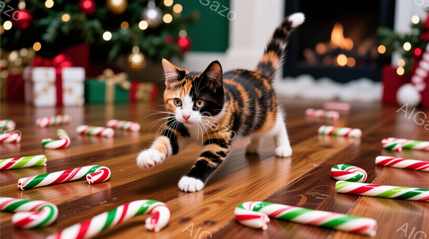 暖炉とクリスマスツリーが背景にある木の床に、三毛猫が歩いている様子が写っています。猫は前足を伸ばし、好奇心と遊び心のある表情で、床に散らばったキャンディケーンを見つめています。全体的に暖かく、お祝いの - AI生成フリー素材
