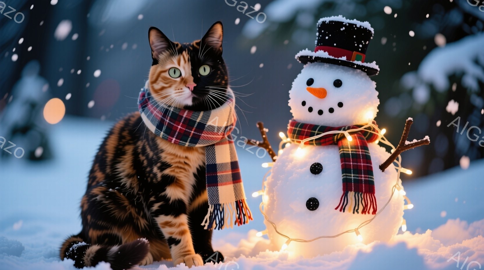 縞模様の猫が赤いチェック柄のマフラーを巻いて雪の上に座っており、緑色の左右異なる色の瞳が特徴的です。その隣には、にんじんの鼻と石炭のような目を持つ雪だるまが飾られており、電飾でライトアップされています - AI生成フリー素材