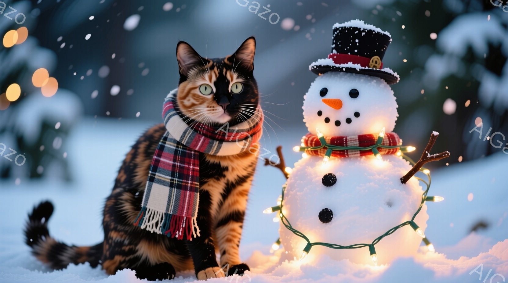 茶色と黒のしま模様の猫が、赤と白のチェック柄のスカーフを首に巻いて座っています。雪で作られた雪だるまが猫の隣に立っており、頭にはシルクハット、顔にはにんじんの鼻と炭で作られた目と口があります。背景には雪景色が広がり、ぼんやりと見える木々と、暖かい光を放つぼんやりとしたクリスマスライトが点在しており、冬の暖かくお祝いの雰囲気を醸し出しています。