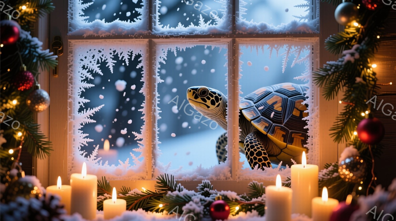 タイトル画像はクリスマスと新年を祝する雰囲気を持つ写真です。中心にあるチェリー（カエル）が白雪の下から窓を覗く様子が、人間の目を引くような表情をしています。その周りはクリスマスツリーの装飾で彩りされ、中央に祝福の言葉「Merry Christmas」と「Happy New Year」が描かれています。雰囲気は、寒さを感じるながらも心あたりが温かく、家族や友人の間で喜びが伝わるような感覚を与えています。