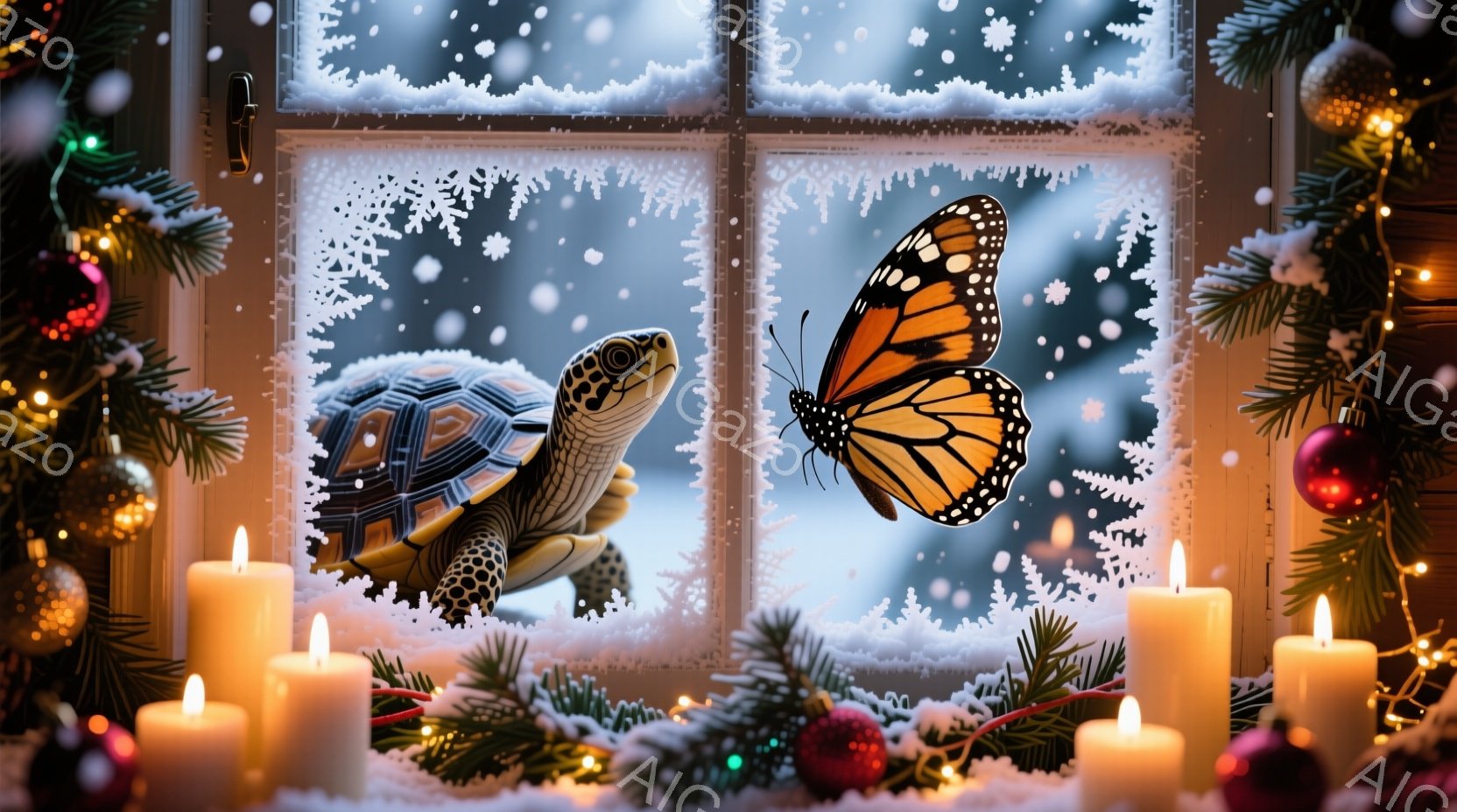 凍り付いた窓枠に、小さなカメと鮮やかなオレンジ色の蝶が描かれています。外は雪が降り積もり、冬の静寂と暖炉のキャンドルの光が、幻想的な雰囲気を醸し出しています。窓枠には、クリスマスツリーの飾りや緑の葉が添えられ、温かく穏やかな季節の訪れを告げています。