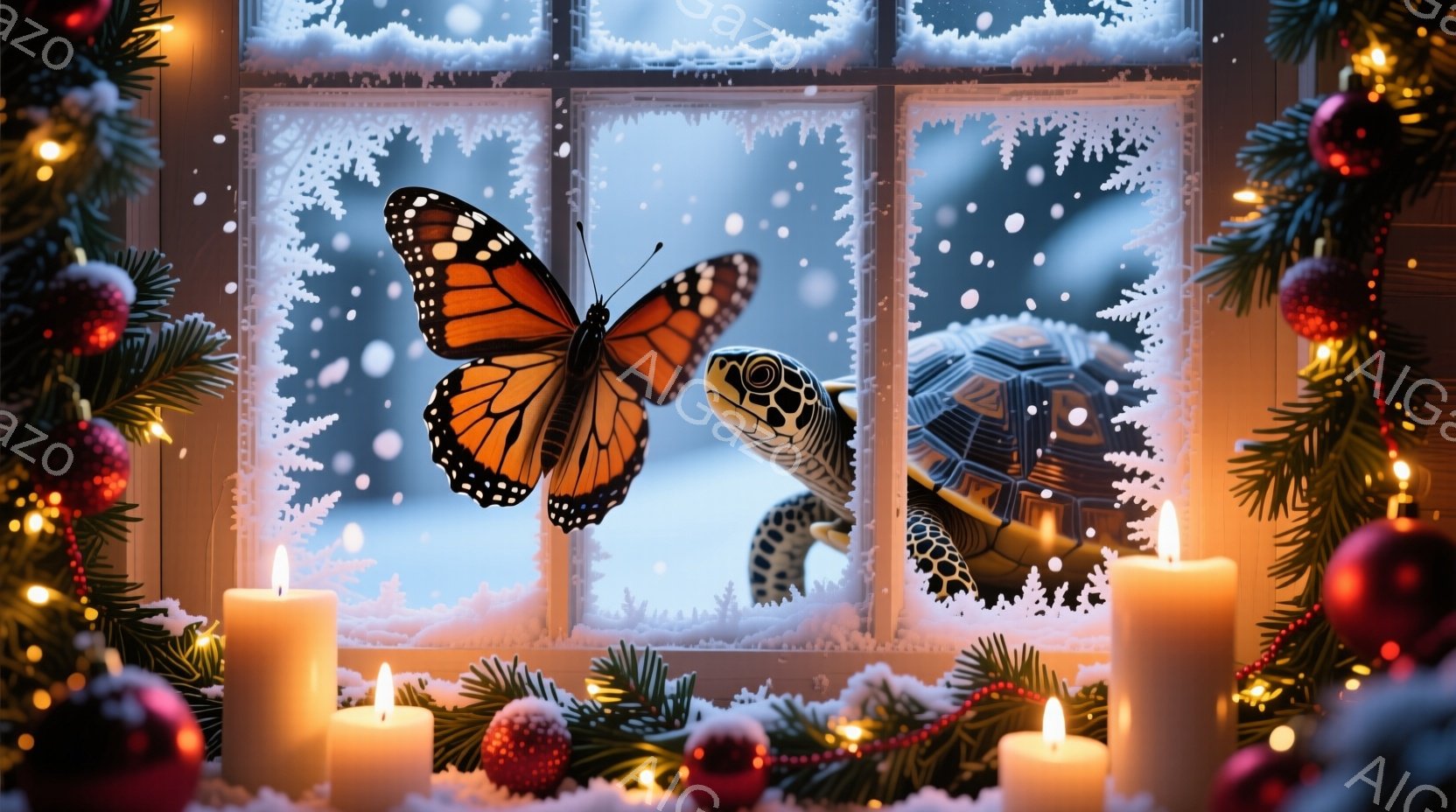 窓の外には雪が降り積もり、鮮やかなオレンジ色の蝶と緑色のカメが描かれている。窓辺にはクリスマスツリーの飾りや点灯したキャンドルが並べられ、暖かく穏やかな冬の雰囲気が漂っている。雪景色と暖炉の光が、静か - AI生成フリー素材