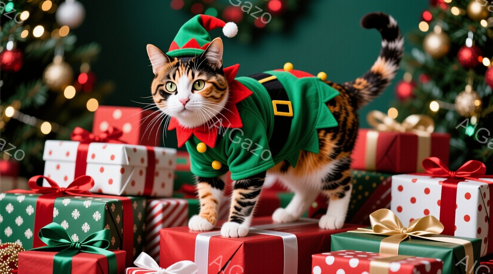 オレンジと白の猫が、緑色のエルフの衣装を着て、プレゼントの山の上を歩いている。猫は前を見据え、少し警戒した表情をしているが、全体的に落ち着いた様子だ。背景にはクリスマスツリーの光が輝き、プレゼントボッ - AI生成フリー素材