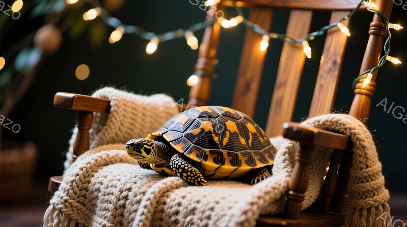 暖炉のような木製のロッキングチェアに、甲羅に美しい模様のあるカメが座っています。柔らかいクリーム色の編み物で椅子が覆われており、背景にはぼんやりとした緑の植物と、暖色系の光が灯るストリングライトが見えます。温かく居心地の良い、そして少し遊び心のある雰囲気が漂っています。