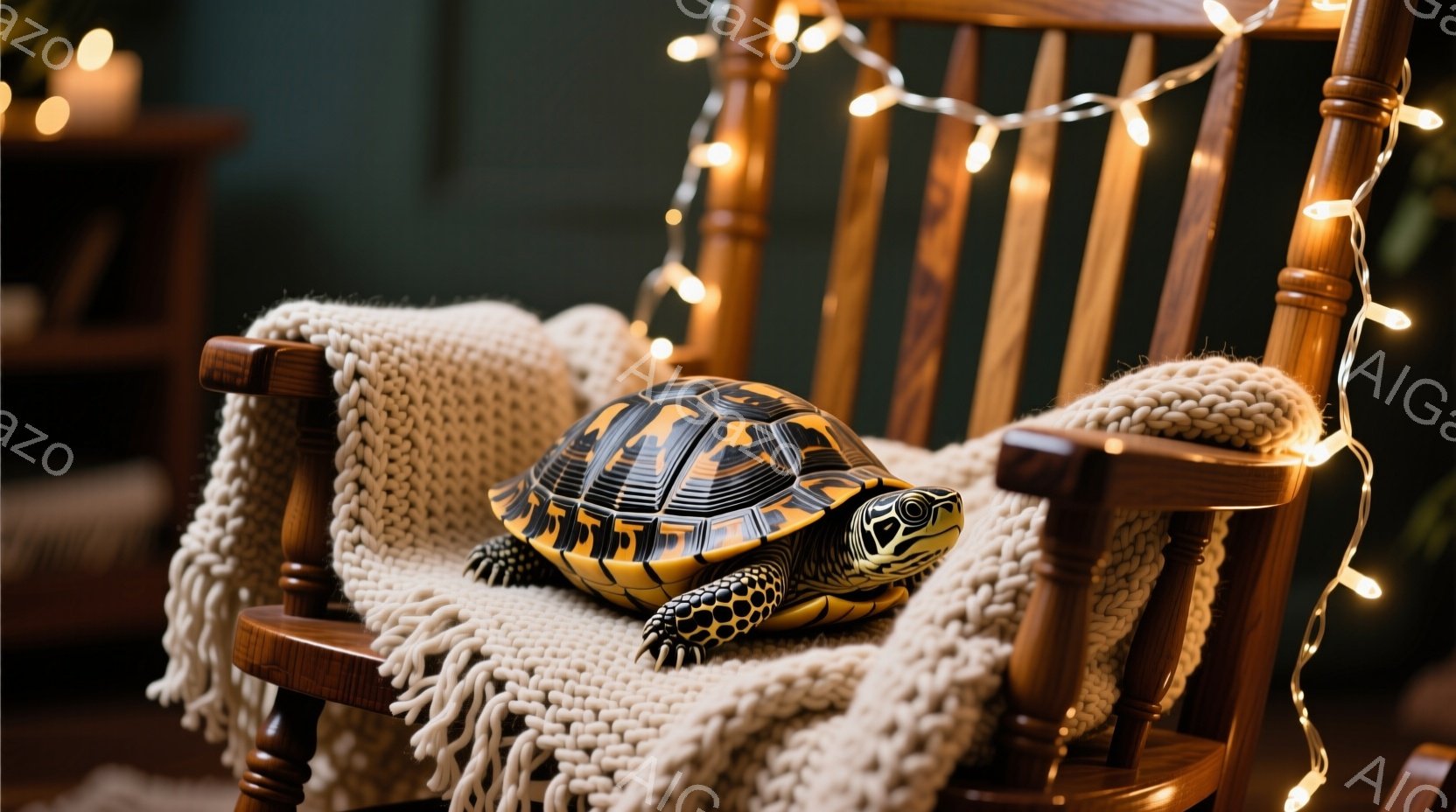 温かみのある木製のロッキングチェアに、美しい模様の亀がちょこんと座っています。チェアにはオフホワイトのざっくりとした編み物のブランケットがかけられ、背景にはぼんやりとした光の装飾が輝いています。全体的に、落ち着いた暖かく、居心地の良い雰囲気が漂っています。
